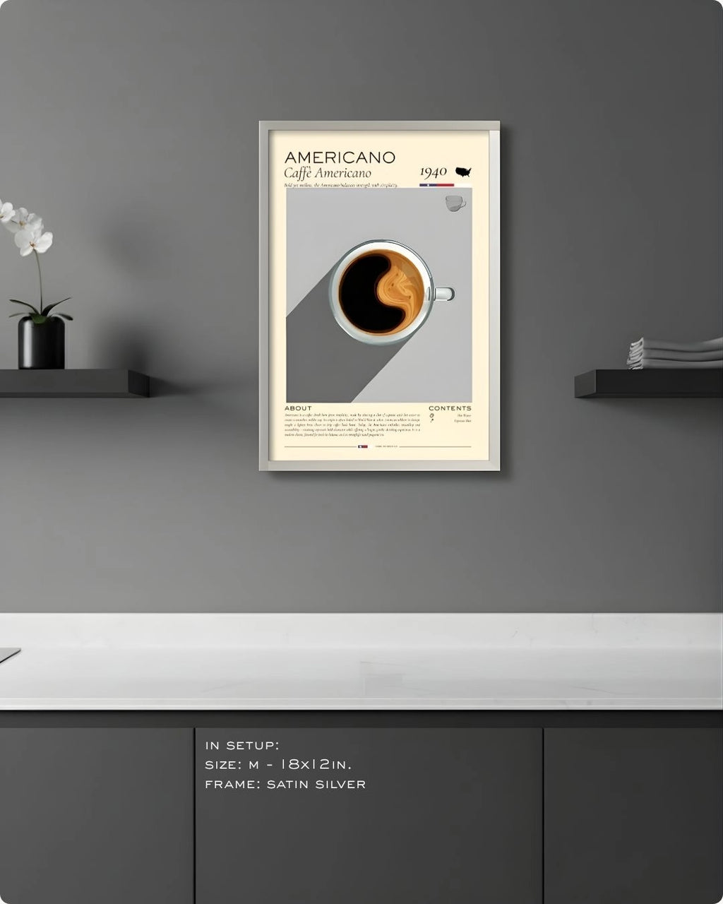 Medium (Size M - 18x12in) Americano coffee ritual infographic in a Satin Silver frame by K2C Co., featured in a minimalist kitchen setup to demonstrate relative wall scale.