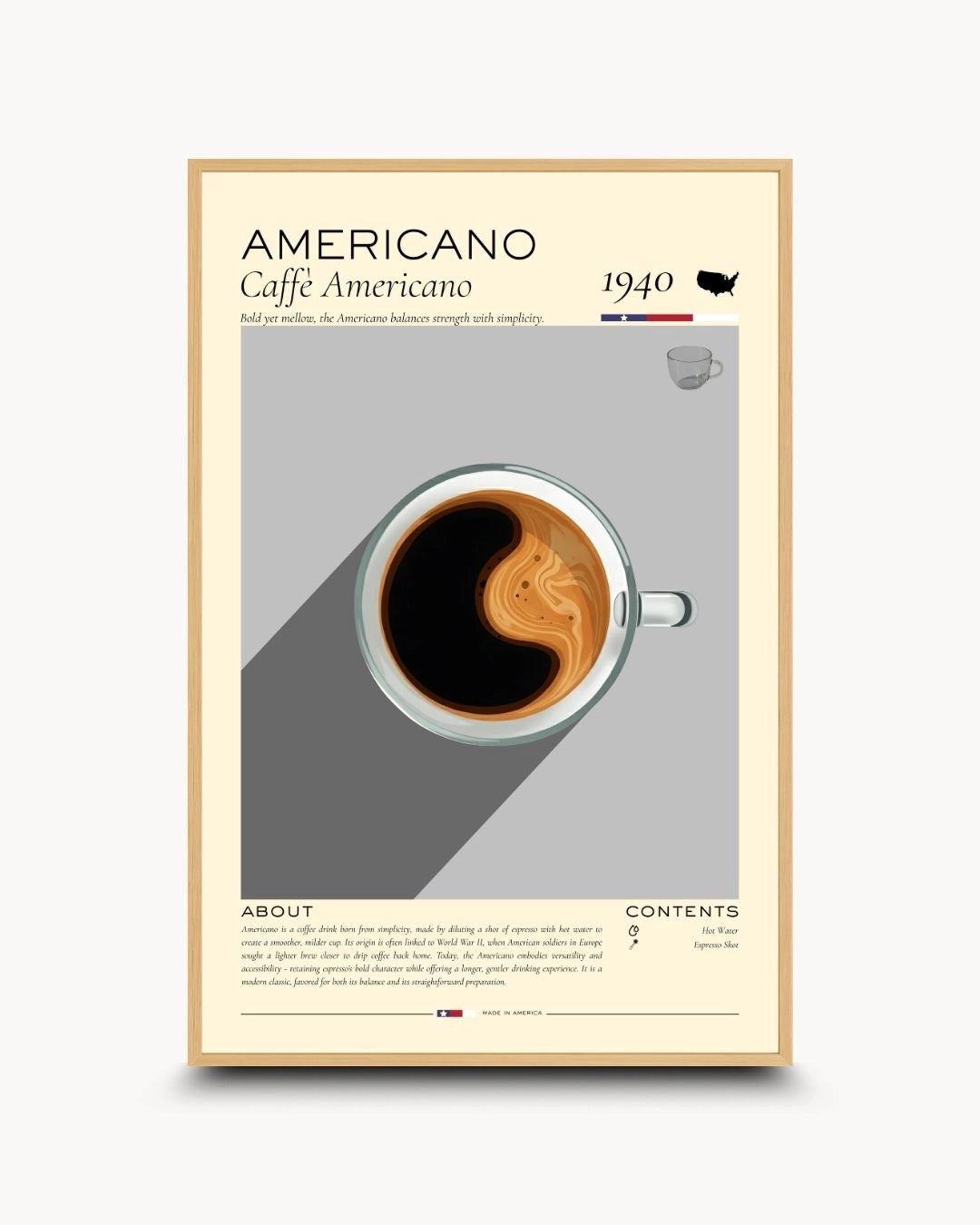 Organic modern Americano coffee infographic poster in a natural Maple Wood frame by K2C Co. Featuring a "Made in America" stamp and 1940 historical year, bringing a warm, natural feel to home interiors.