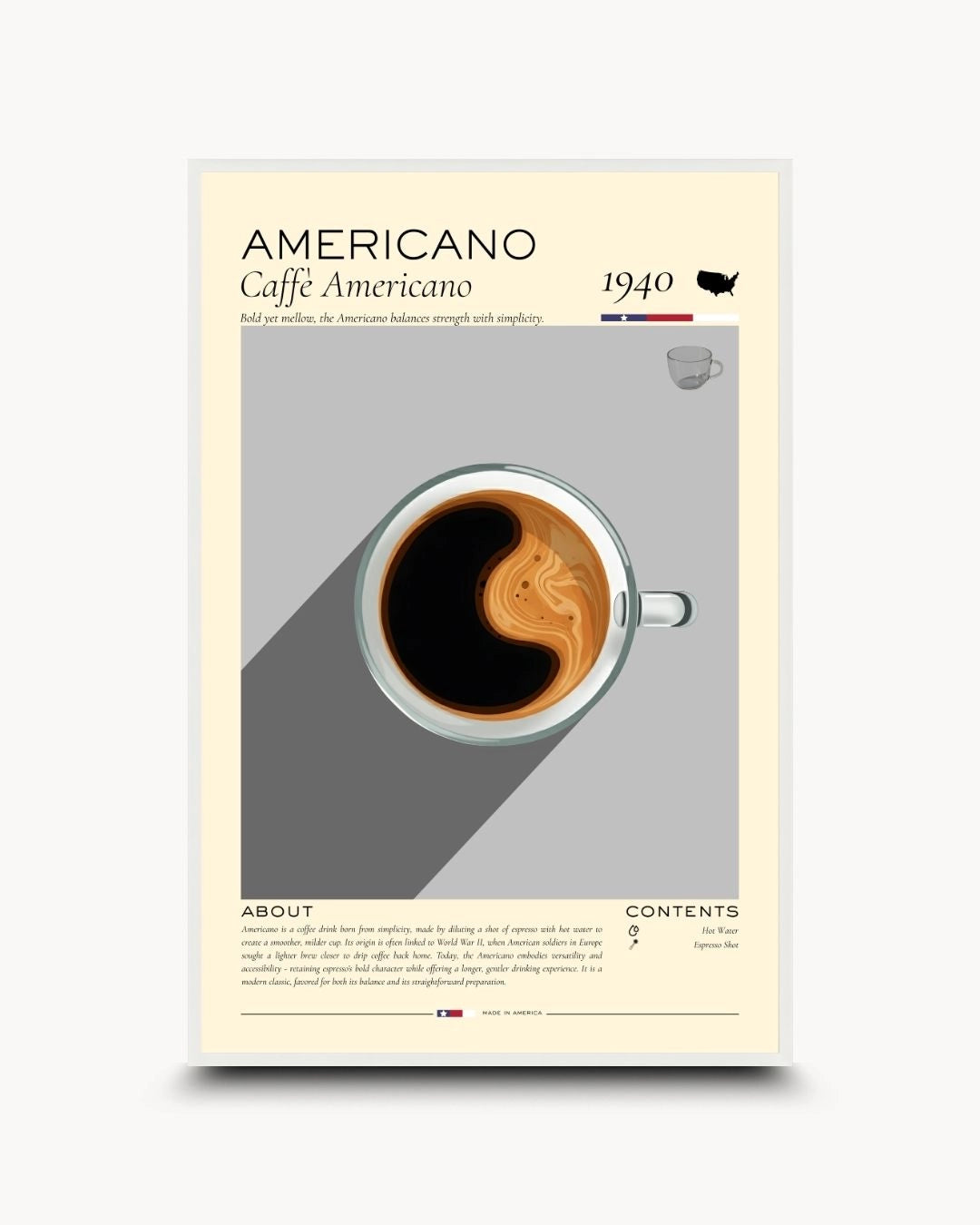 K2C Co. Americano Rituals vintage-style infographic print in a Moon White frame. Features a cool grey background and USA map, perfect for bright Scandinavian or contemporary kitchens.