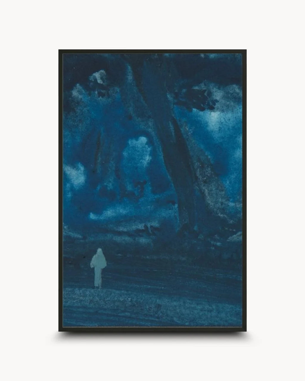 Bireswar Das "The Eternal Peaks" Himalayan landscape exhibition poster with minimalist typography in a 0.5-inch Noir Black frame. Deep blue mountain art by K2C Co.