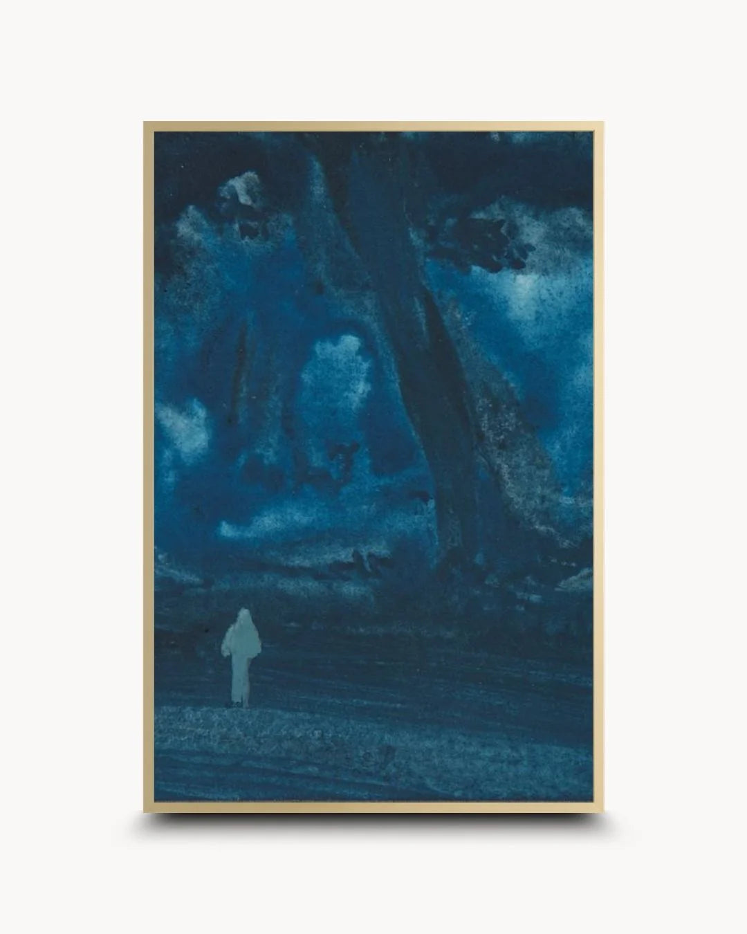 Elegant Bireswar Das Himalayan exhibition poster in a Satin Gold frame by K2C Co. Features high-contrast deep blue and gold tones for a luxury contemporary statement.