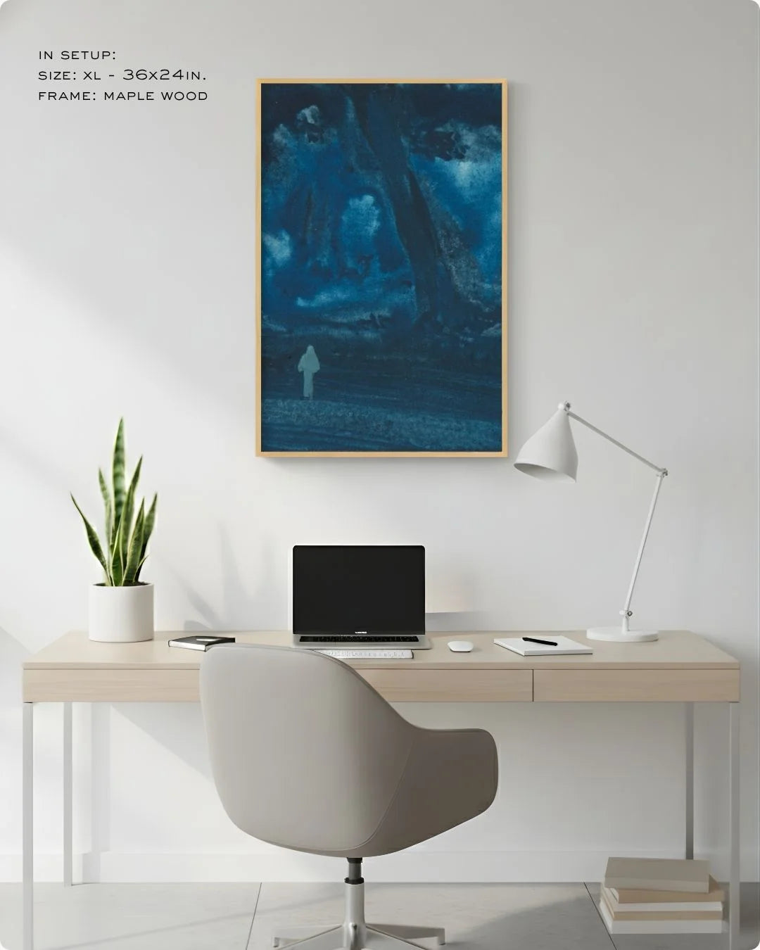 Large (Size L - 24x16in) Bireswar Das "The Eternal Peaks" in a Maple Wood frame, shown in a desk setup to demonstrate the impact of large-scale heritage art.
