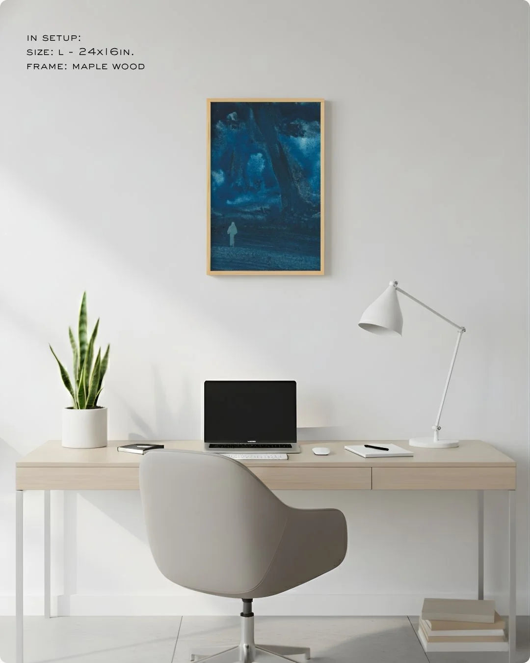 Medium (Size M - 18x12in) Bireswar Das "The Eternal Peaks" in a Maple Wood frame. Perfect scale for standard desk-side wall decor in a Japandi workspace.