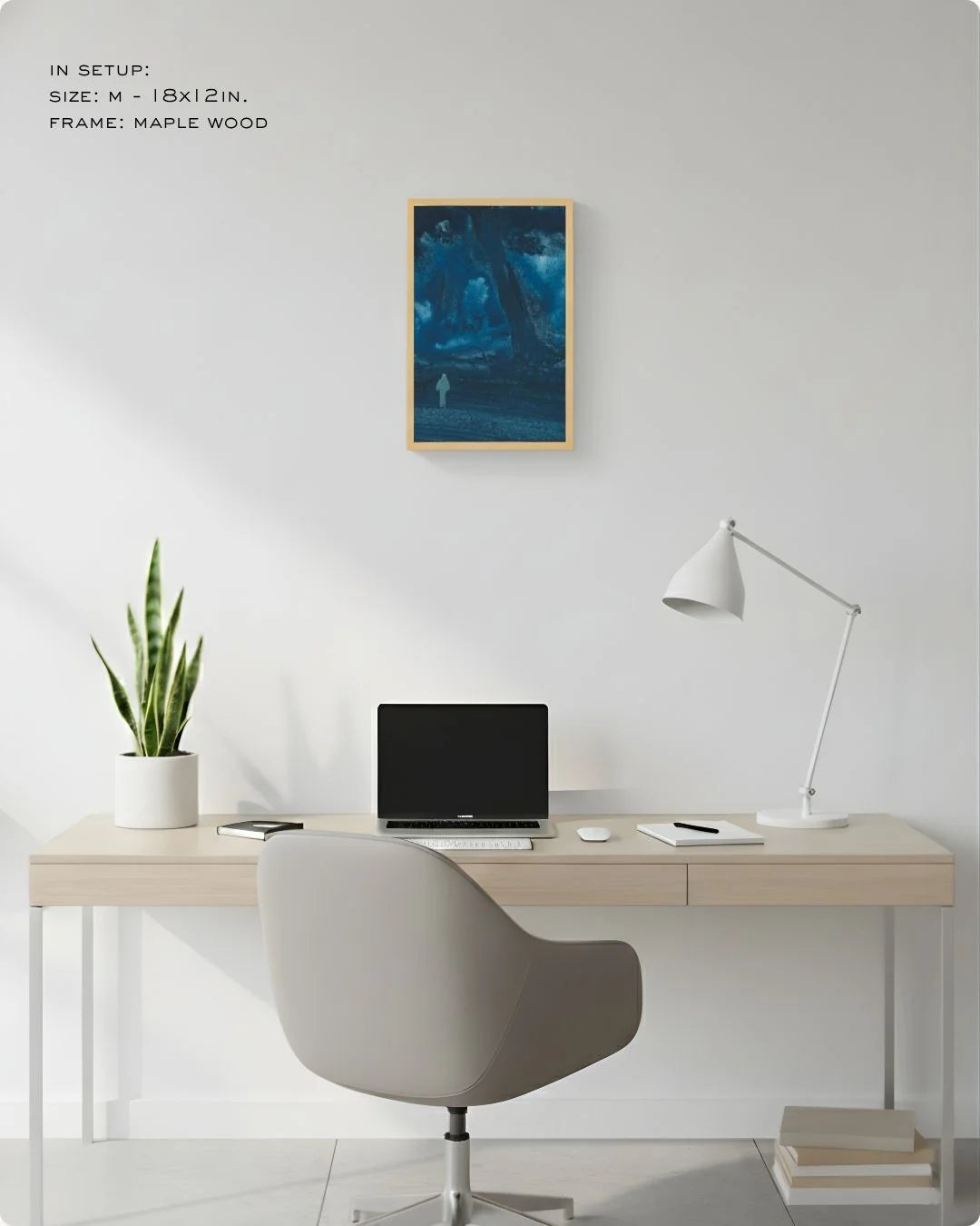 Small (Size S - 12x8in) Bireswar Das "The Eternal Peaks" in a Maple Wood frame. An ideal accent piece for smaller wall spaces or home office shelving.