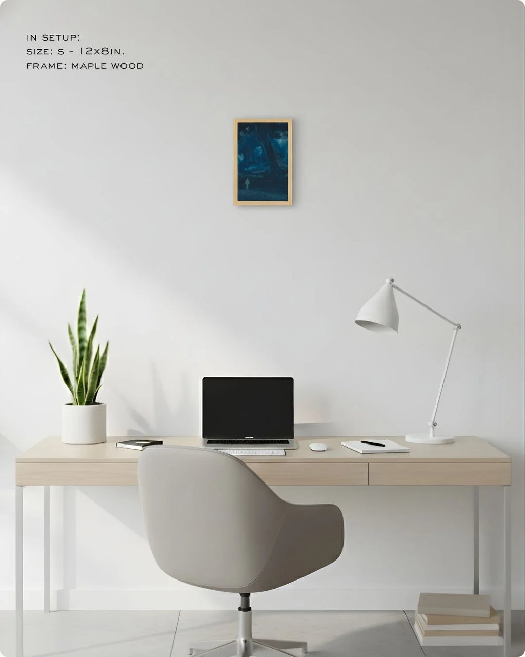Extra Small (Size XS) Bireswar Das "The Eternal Peaks" in a Maple Wood frame, showcasing how even a mini Himalayan print elevates a desk corner.