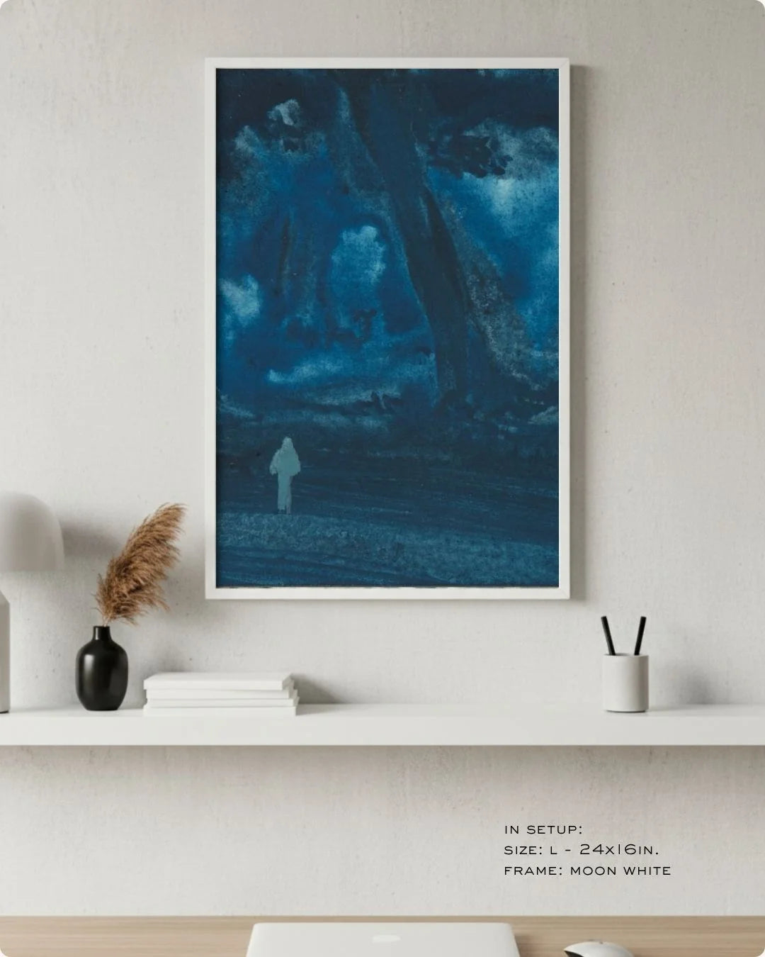 K2C Co. Bireswar Das "The Eternal Peaks" print in a Moon White frame. A cool-toned, serene study setup designed for modern Indian home offices.