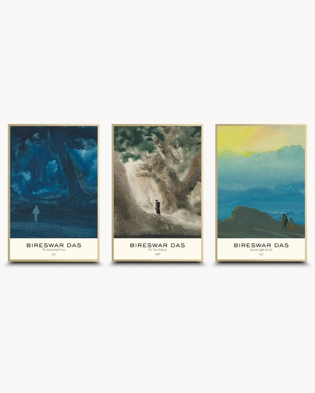 Elegant Bireswar Das 3-piece exhibition poster set in Satin Gold frames. Features high-contrast mountain tones for a luxury wall decor statement.