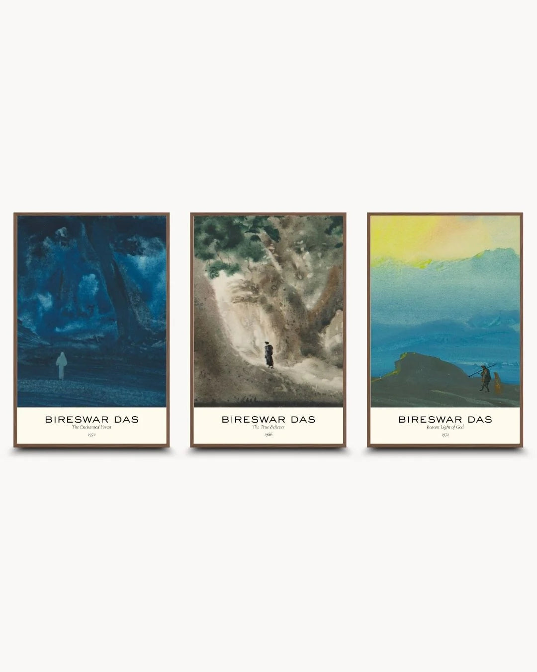 Bireswar Das museum-style 3-piece triptych in warm Walnut Wood frames. A sophisticated balance of Indian heritage and mid-century modern design.