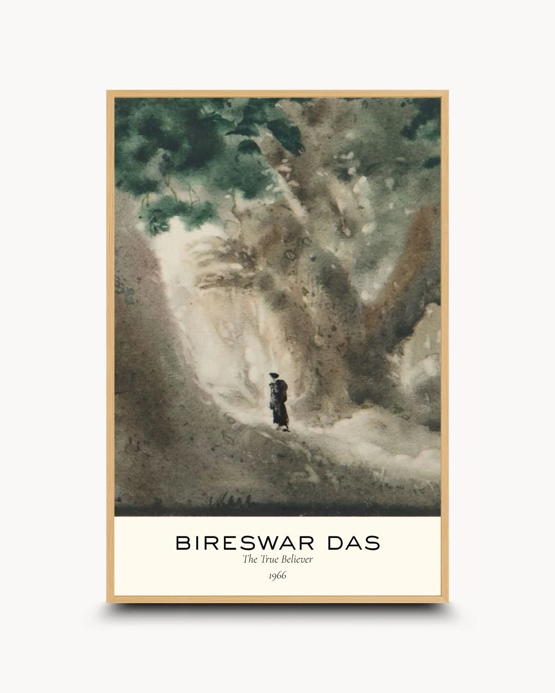 Organic modern styling of a Bireswar Das exhibition poster in a natural Maple Wood frame. Ideal for Japandi-themed home offices and study corners.