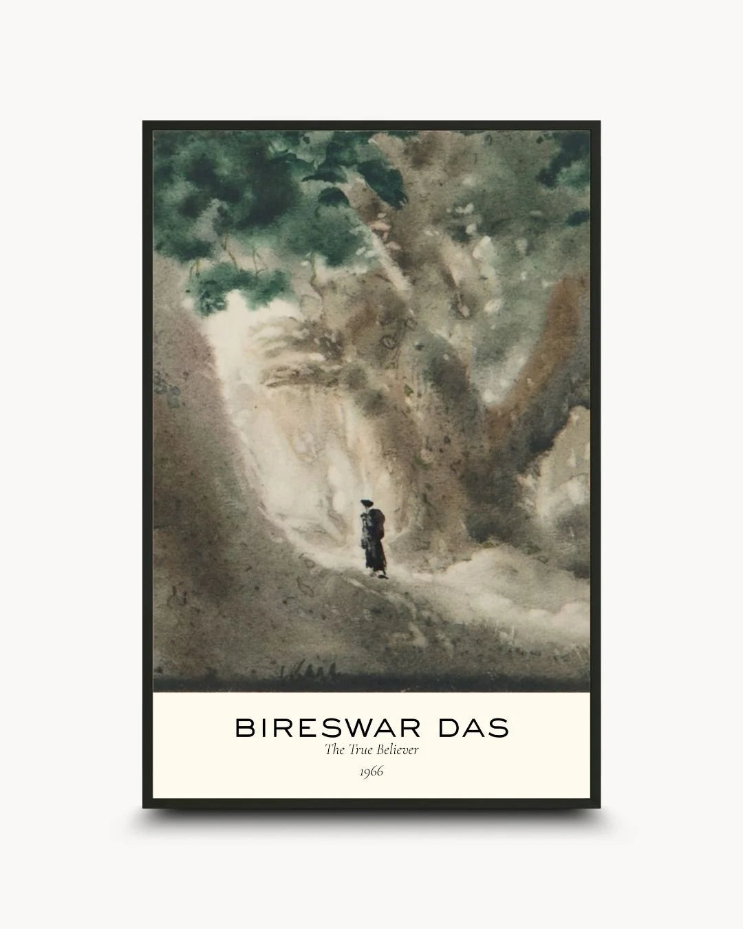 Bireswar Das "The High Altitudes" exhibition poster with minimalist typography in a Noir Black frame. Museum-style Himalayan art for modern Indian interiors.