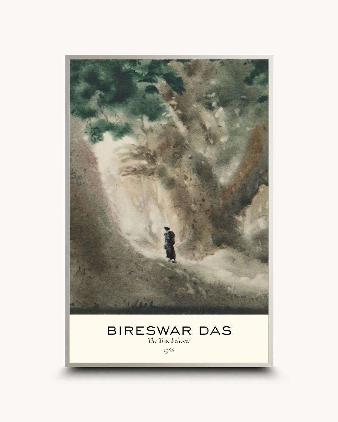 Contemporary Bireswar Das misty mountain museum poster in a sleek Satin Silver frame. A sophisticated, neutral landscape for modern apartment decor.