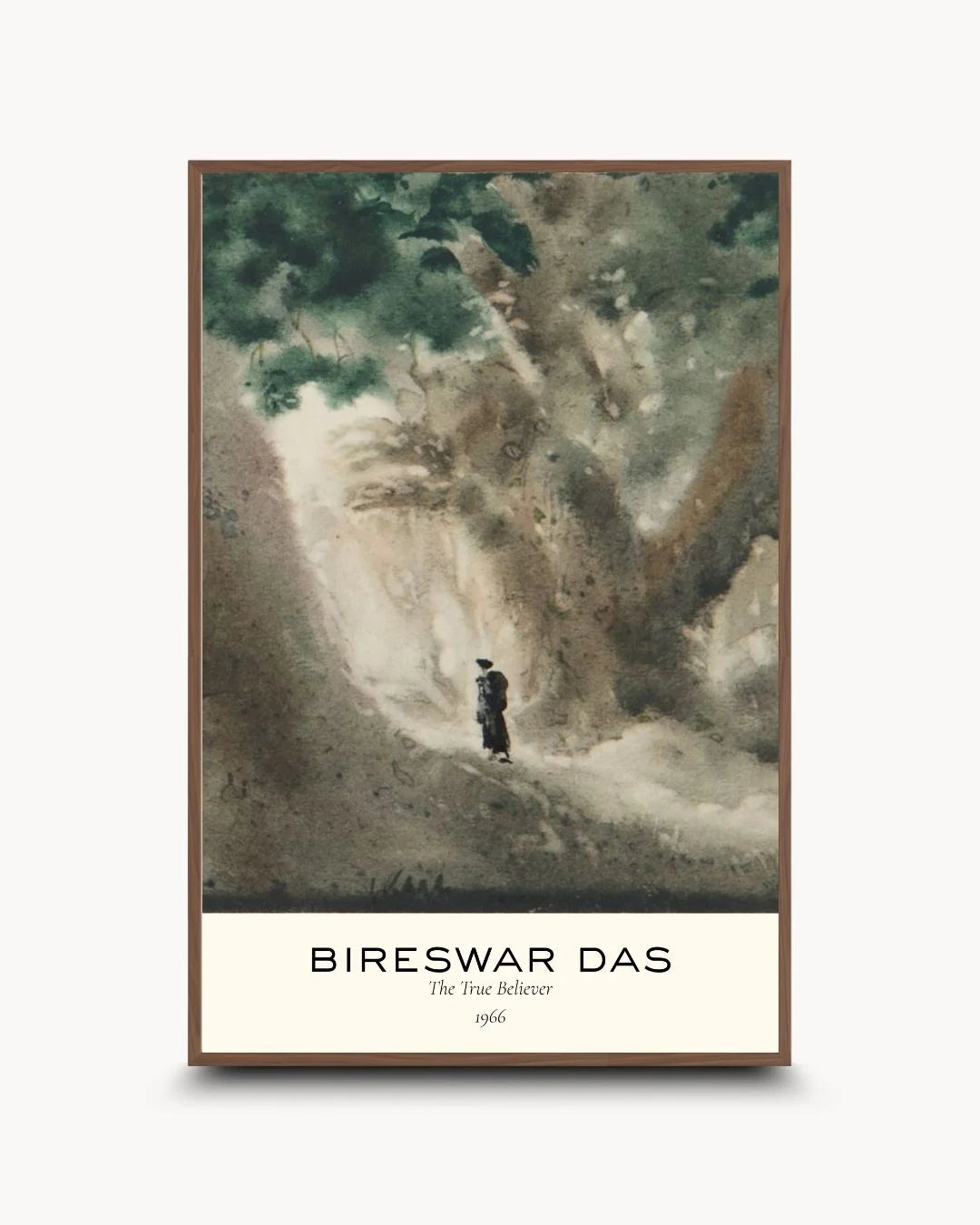 Bireswar Das museum-style print in a warm Walnut Wood frame. A sophisticated balance of Indian heritage and mid-century modern gallery design.
