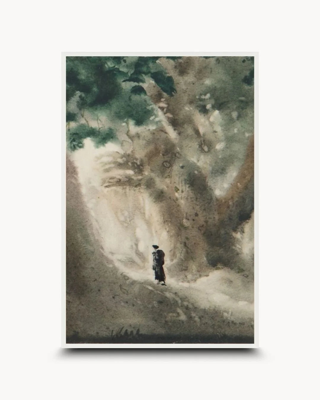Minimalist misty mountain print by Bireswar Das in a Moon White frame. Airy, neutral landscape art for Scandinavian-style bedrooms or home offices.