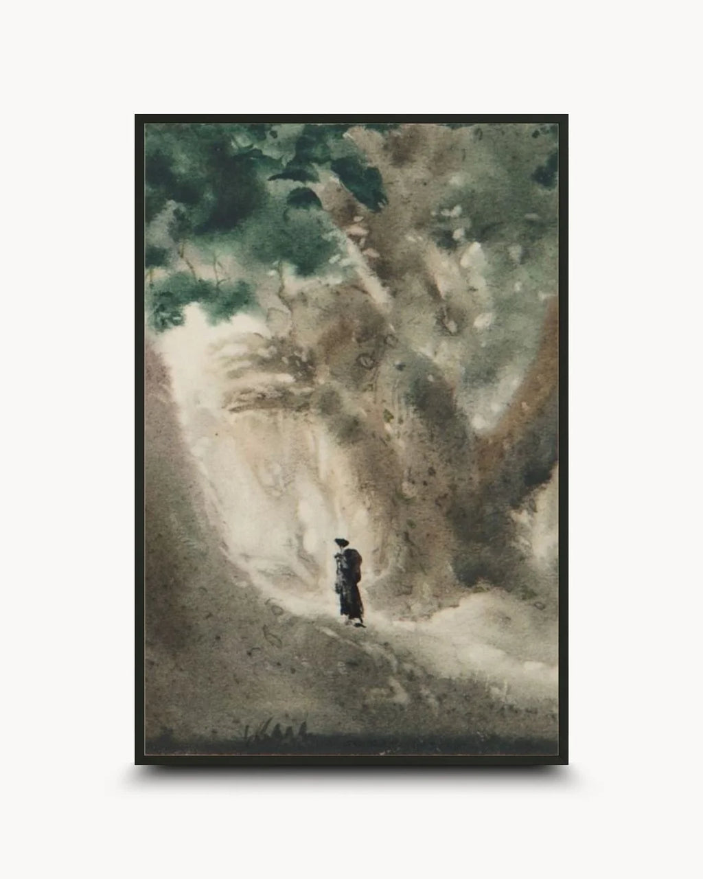 Bireswar Das "The High Altitudes" Himalayan landscape in a 0.5-inch Noir Black frame. Earthy sage and beige mountain art for modern Indian minimalist interiors.