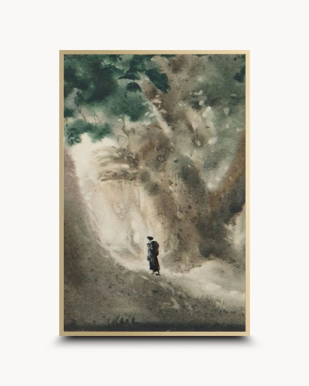 Elegant Himalayan mountain fine art by Bireswar Das in a Satin Gold frame. Features soft sage and ochre tones for a luxury contemporary interior statement.