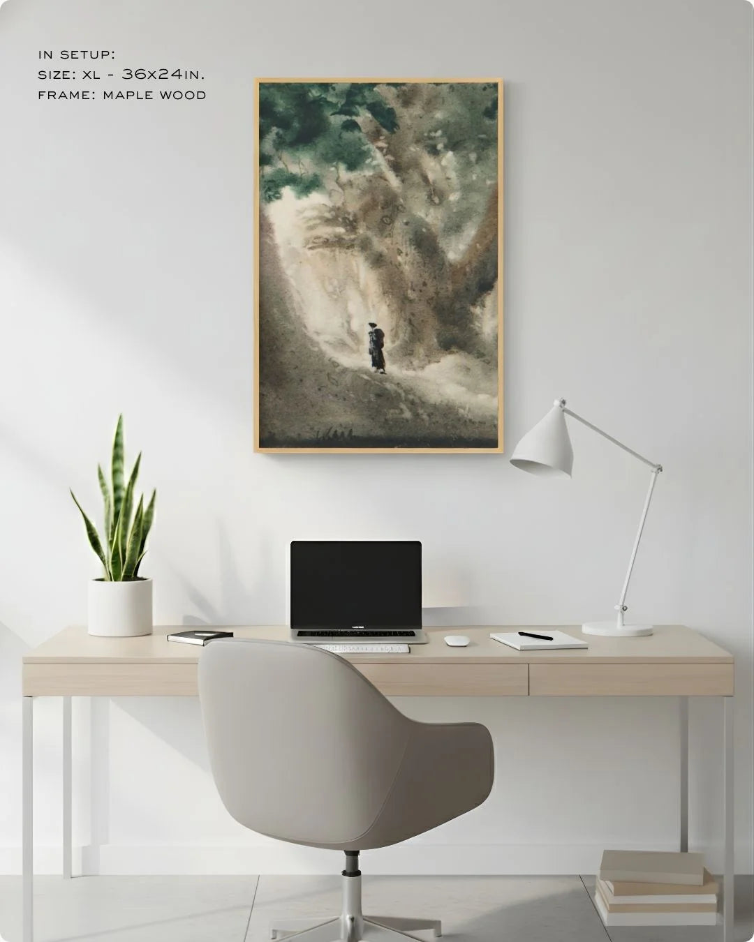 Large (Size L - 24x16in) Bireswar Das "The High Altitudes" in a Maple Wood frame, shown in a desk setup to demonstrate the impact of large-scale heritage art.