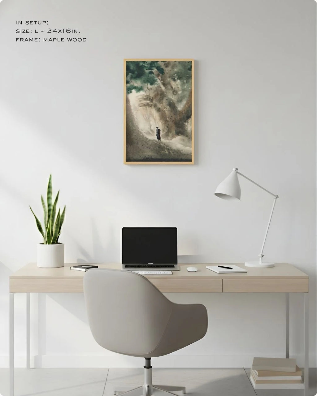 Medium (Size M - 18x12in) Bireswar Das "The High Altitudes" in a Maple Wood frame. Perfect scale for standard desk-side wall decor in a Japandi workspace.