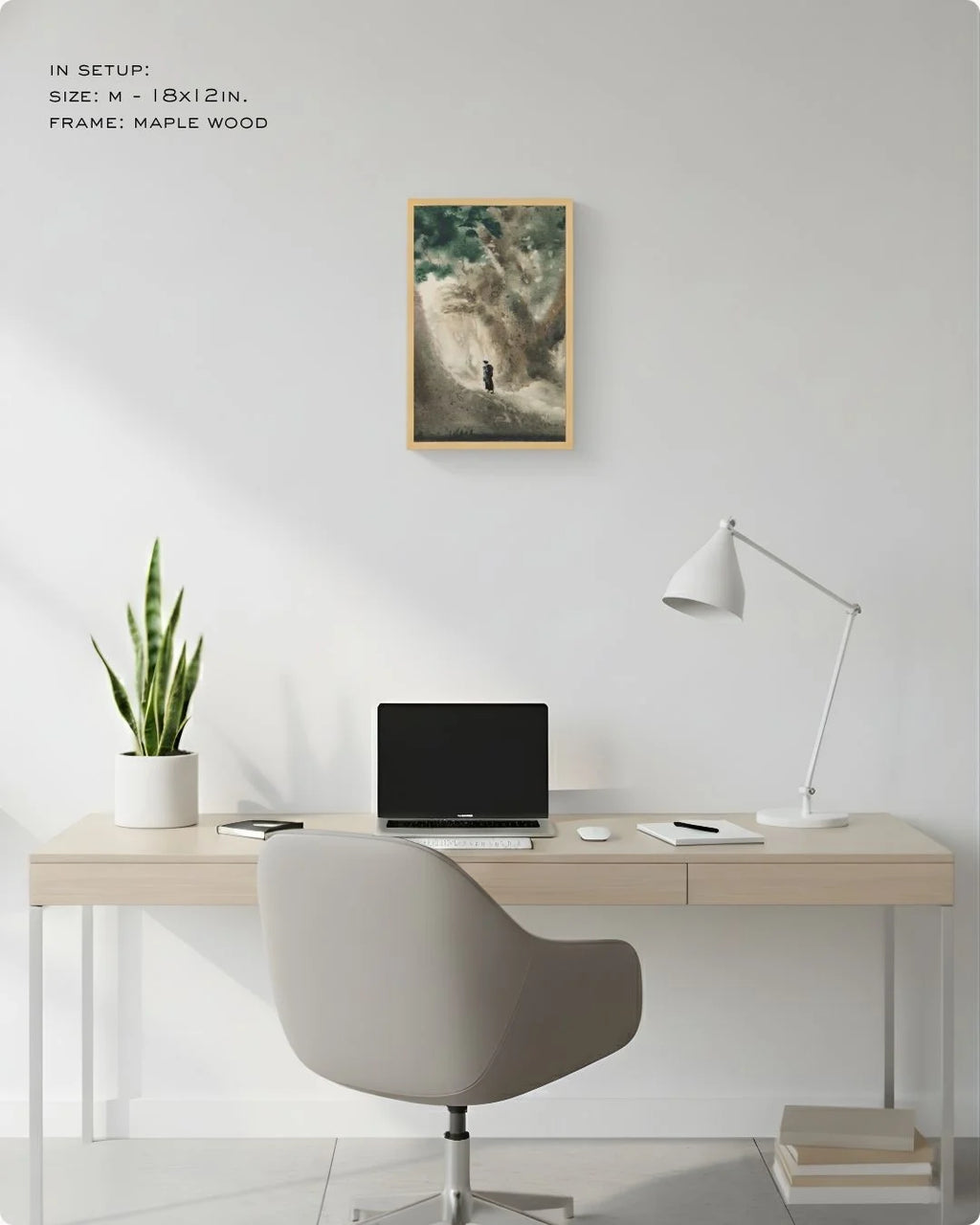 Small (Size S - 12x8in) Bireswar Das "The High Altitudes" in a Maple Wood frame. An ideal accent piece for smaller wall spaces or office gallery wall layering.