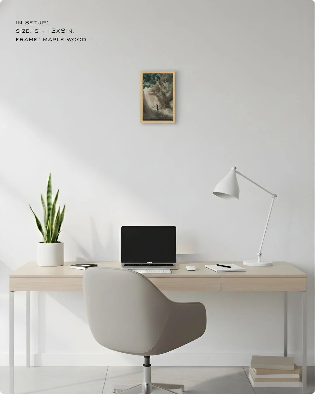 Extra Small (Size XS) Bireswar Das "The High Altitudes" in a Maple Wood frame, showcasing how even a mini Himalayan print elevates a desktop workspace.