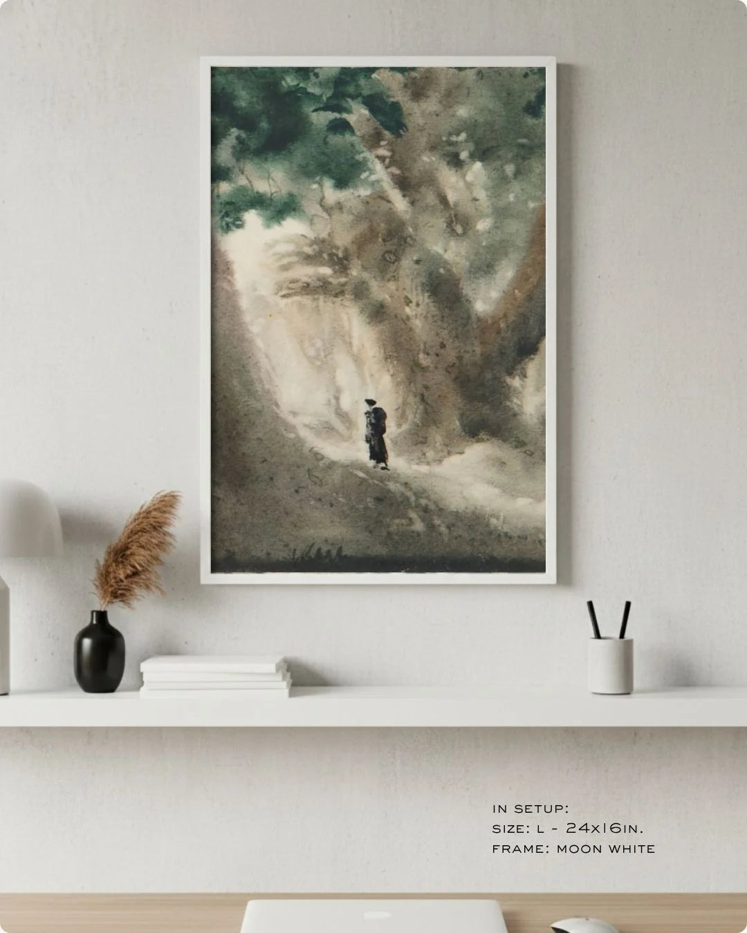K2C Co. Bireswar Das "The High Altitudes" print in a Moon White frame. A neutral, serene study setup designed for "Modern Indian" home offices.