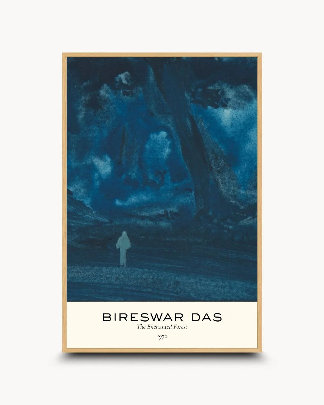 Natural Maple Wood frame housing a signed Bireswar Das mountain print. Organic modern Indian art for Japandi and wellness-focused spaces.