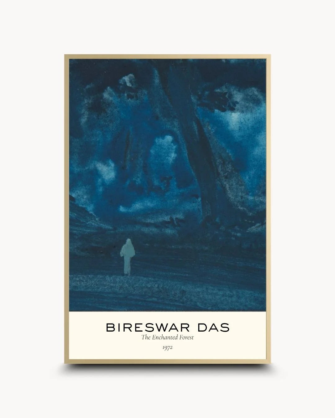 Luxury signed Bireswar Das "Eternal Peaks" art print in a Satin Gold frame. Features deep indigo hues and elegant typography for high-end decor.