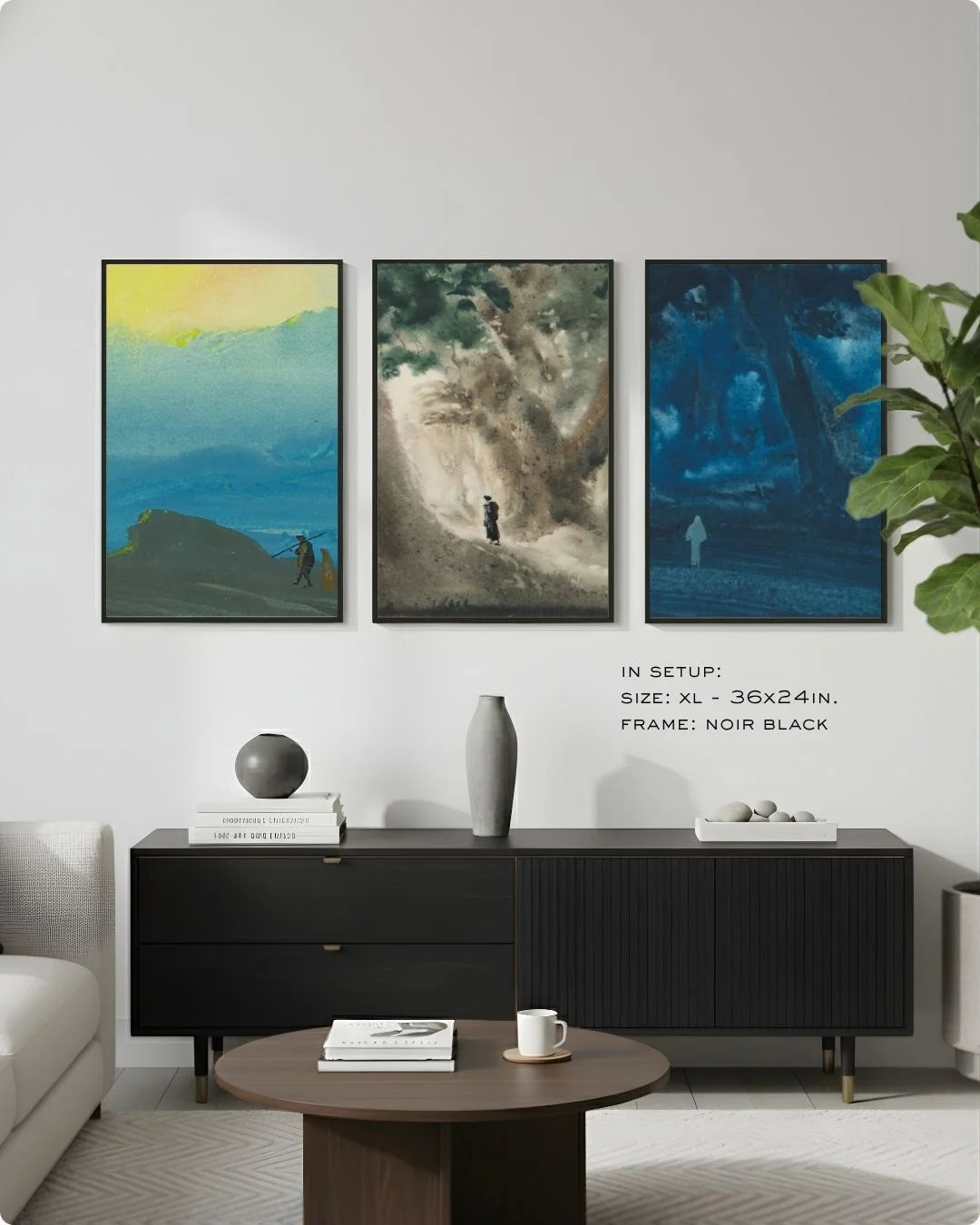 Modern Indian home decor featuring the Bireswar Das Himalayan triptych in Noir Black frames, styled above a sleek black fluted sideboard with minimalist vases.
