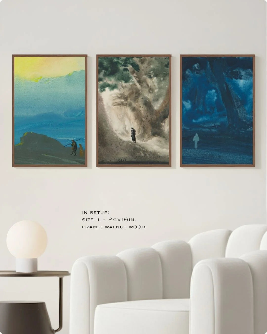 Medium-scale (Size M) Bireswar Das 3-piece mountain art set in Walnut Wood frames by K2C Co. featured in a Japandi-style living room for scale comparison.