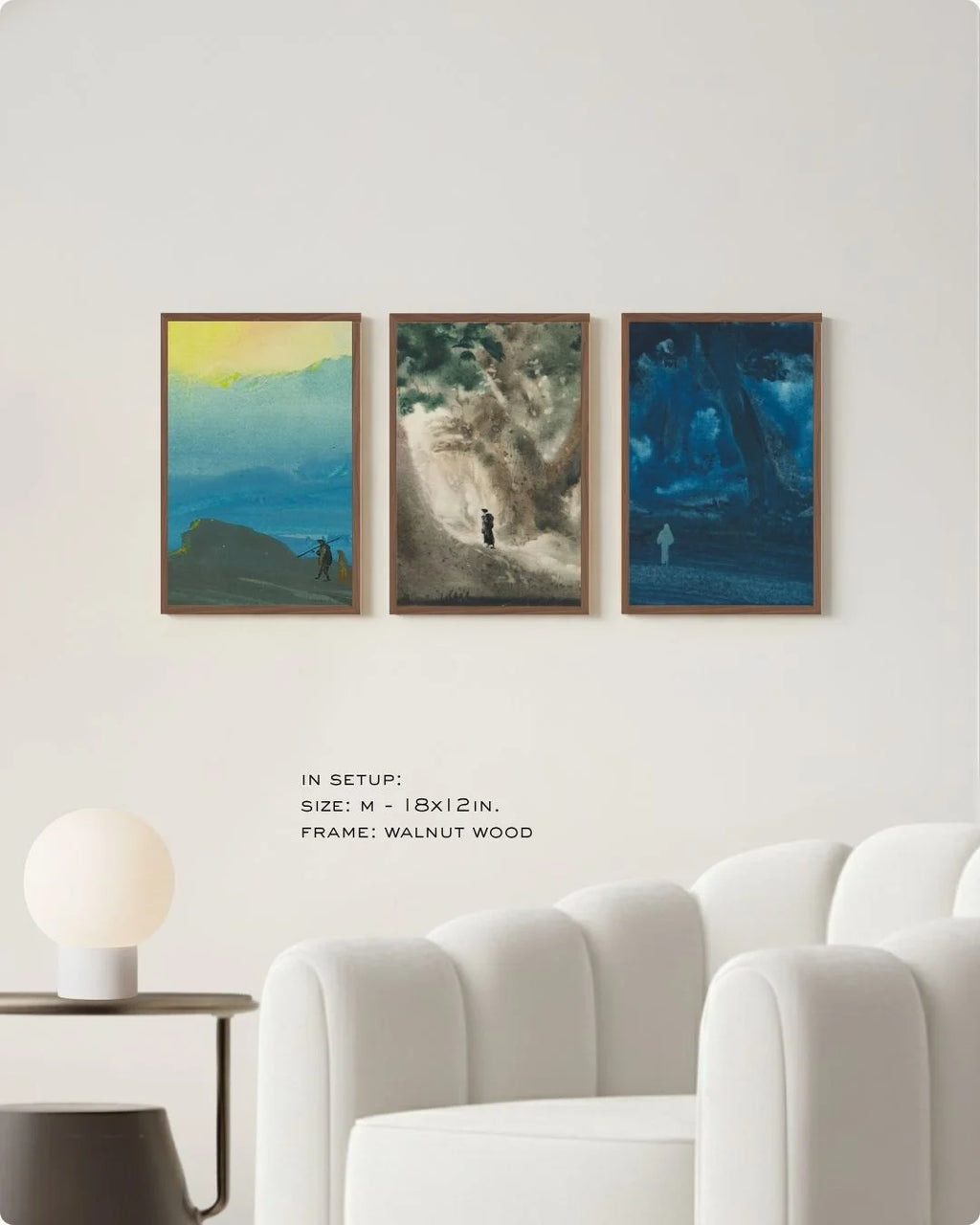 Small-scale (Size S) Bireswar Das Himalayan triptych in Walnut Wood frames, showcasing how multiple small prints create a curated heritage gallery wall.