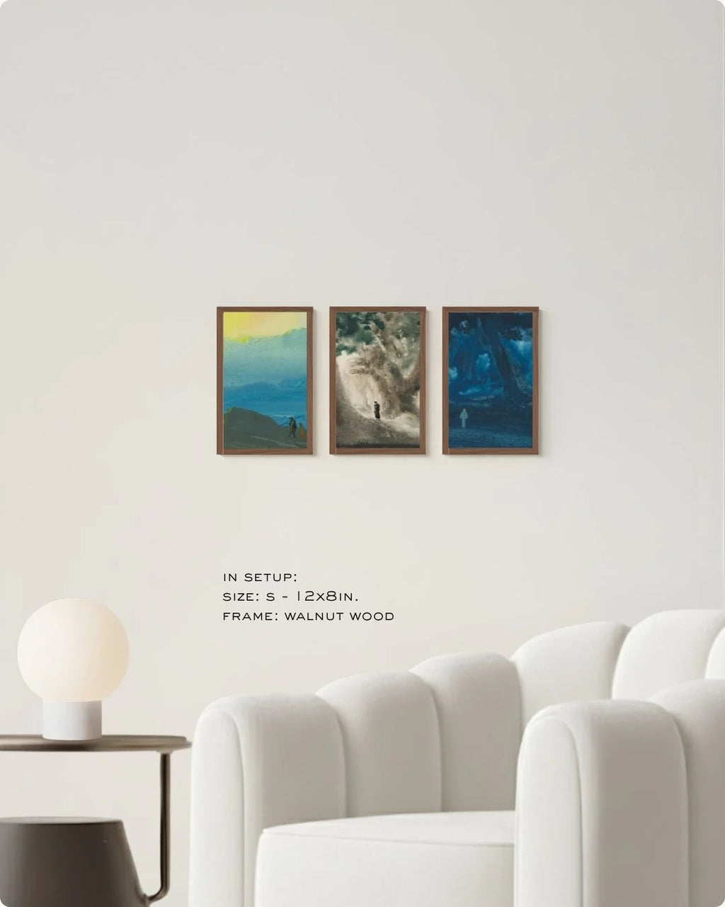 Extra Small (Size XS) Bireswar Das 3-piece set in Walnut Wood frames, demonstrating the minimalist appeal of mini heritage prints in a large white living space.