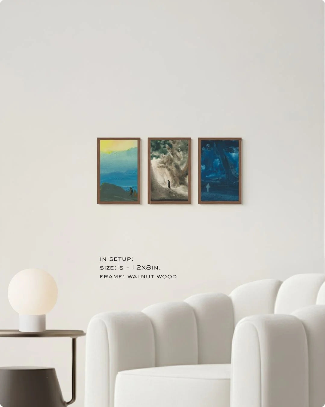 Extra Small (Size XS) Bireswar Das 3-piece set in Walnut Wood frames, demonstrating the minimalist appeal of mini heritage prints in a large white living space.