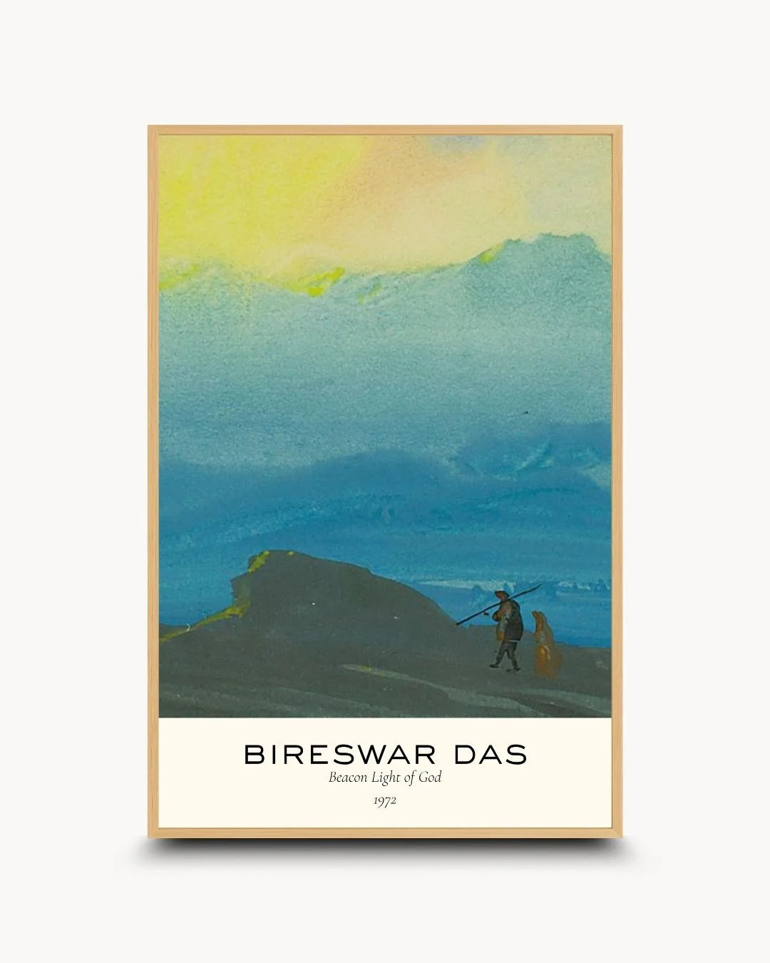 Organic modern styling of a Bireswar Das exhibition poster in a natural Maple Wood frame. Ideal for Japandi-themed home offices and sunny breakfast nooks.