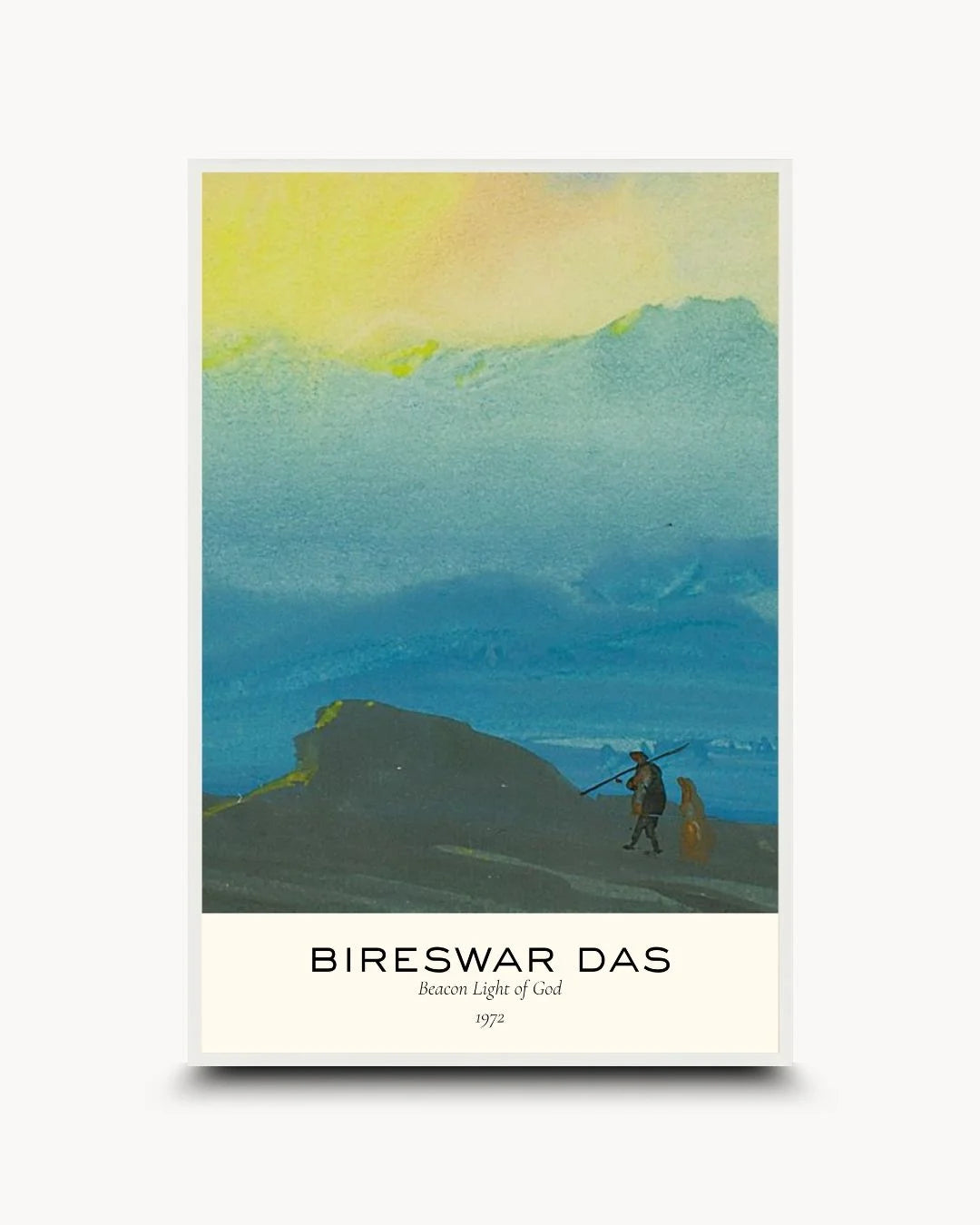 K2C Co. Bireswar Das "Mountains of Gold" museum print in a Moon White frame. High-contrast, vibrant fine art for Scandinavian or Japandi interiors.