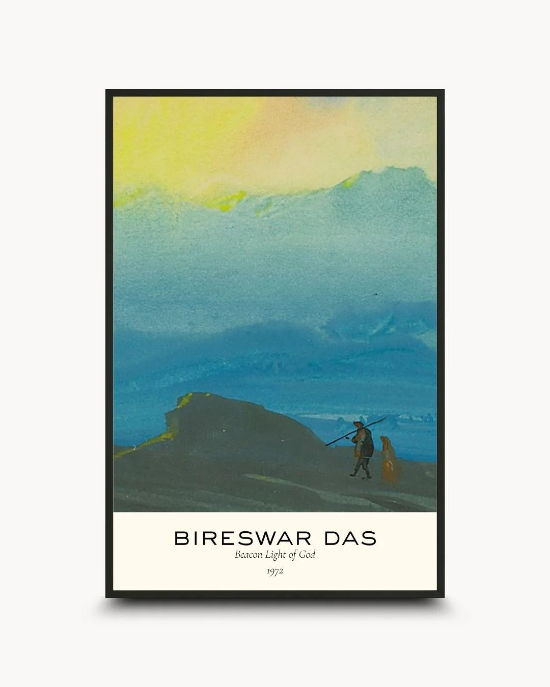 Bireswar Das "The Mountains of Gold" exhibition poster with minimalist typography in a Noir Black frame. Museum-style Himalayan art for modern interiors.
