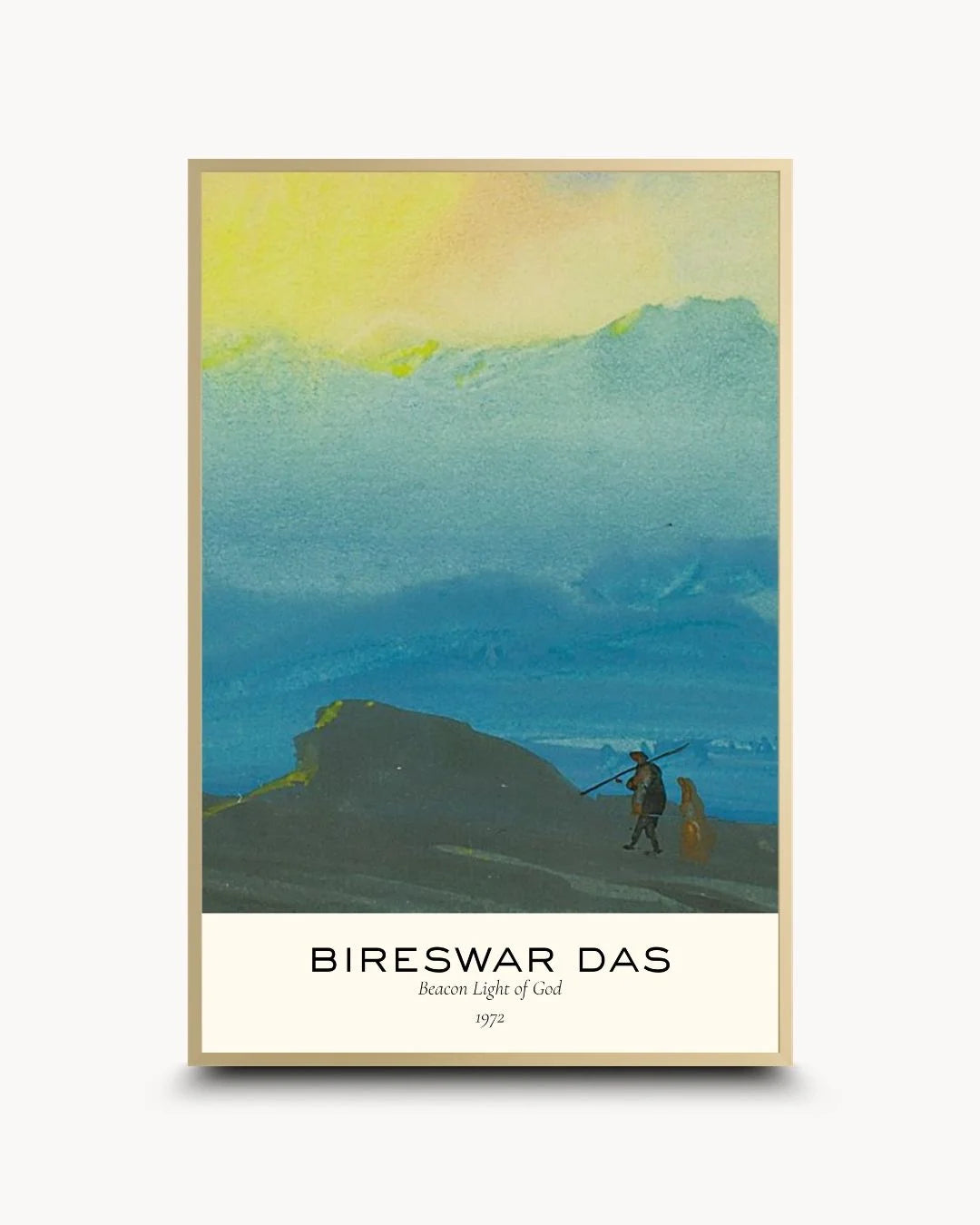 Elegant Bireswar Das "Mountains of Gold" exhibition poster in a Satin Gold frame. Features vibrant teal and yellow tones for a luxury wall decor statement.