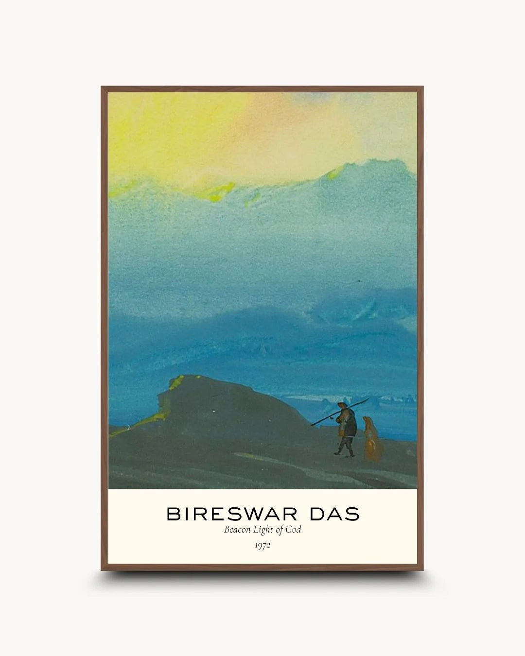 Bireswar Das museum-style print in a warm Walnut Wood frame. A sophisticated balance of Indian heritage and mid-century modern gallery design.