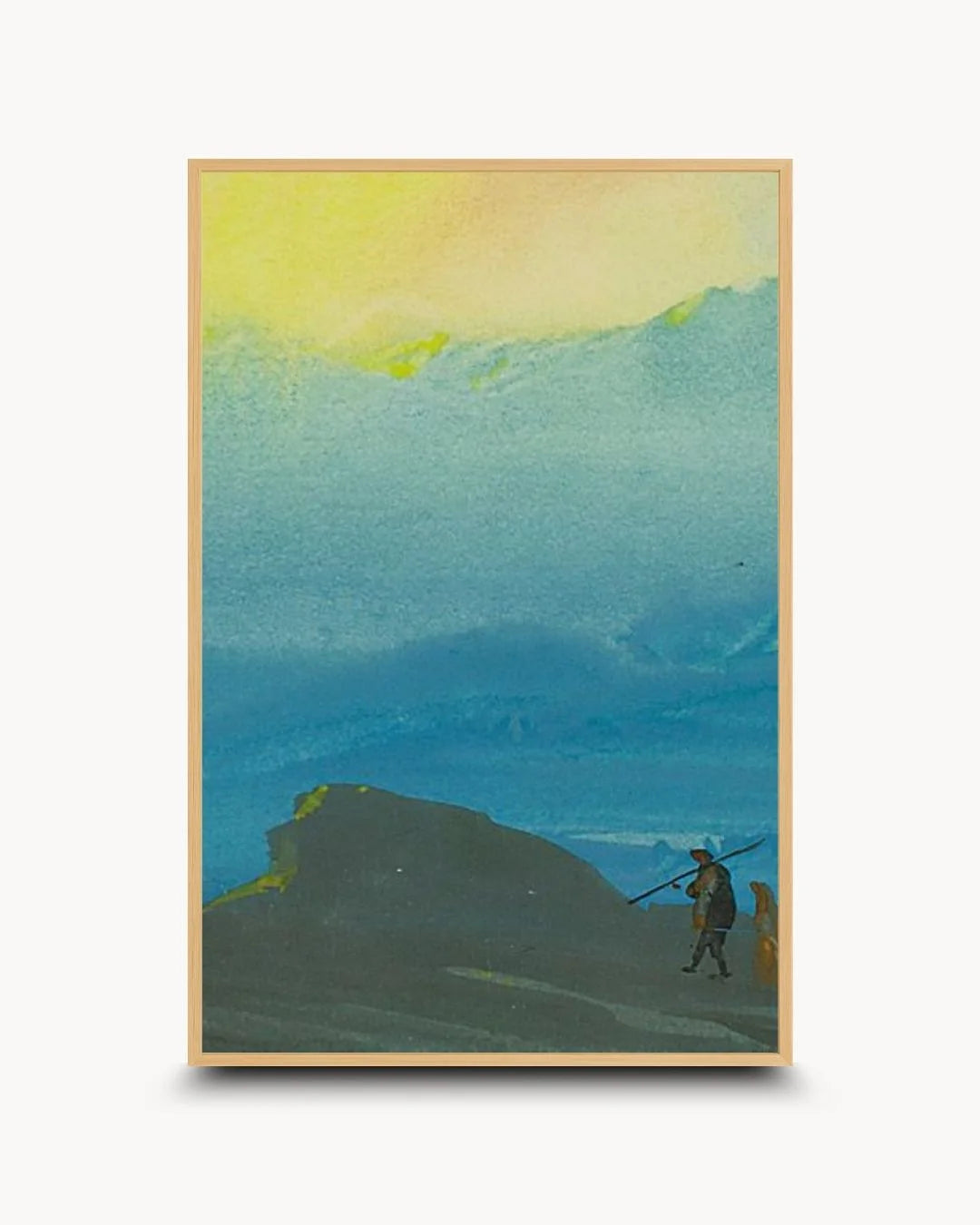Organic modern styling of Bireswar Das's golden Himalayan peaks in a natural 0.5-inch Maple Wood frame. Ideal for wellness-focused and bright living spaces.