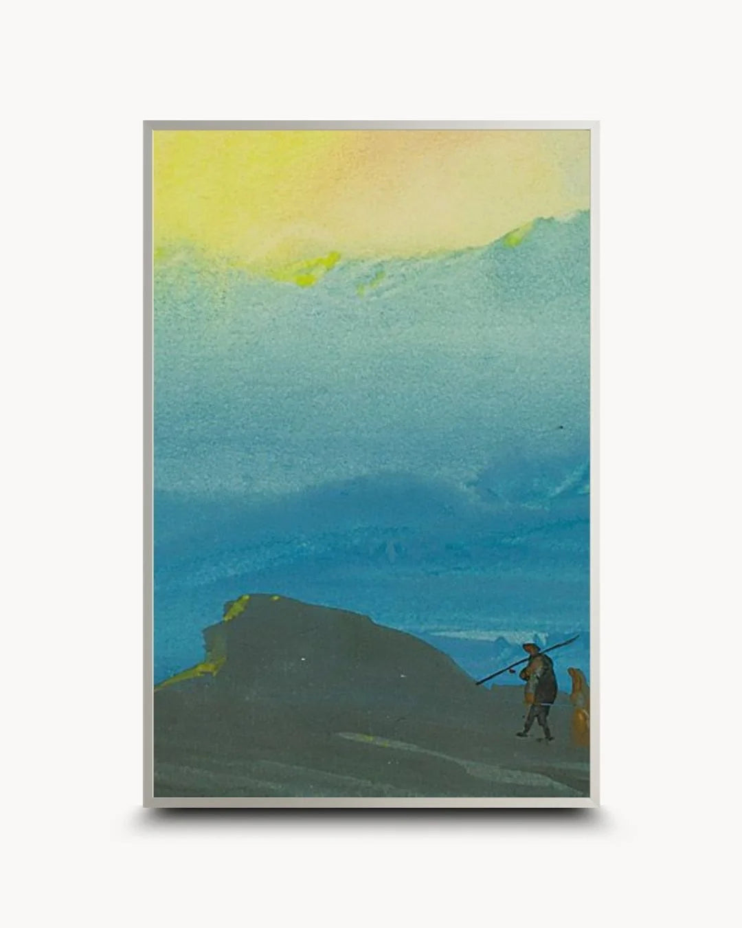 Contemporary Bireswar Das golden mountain landscape in a sleek Satin Silver frame. A sophisticated high-energy piece for modern urban apartment decor.