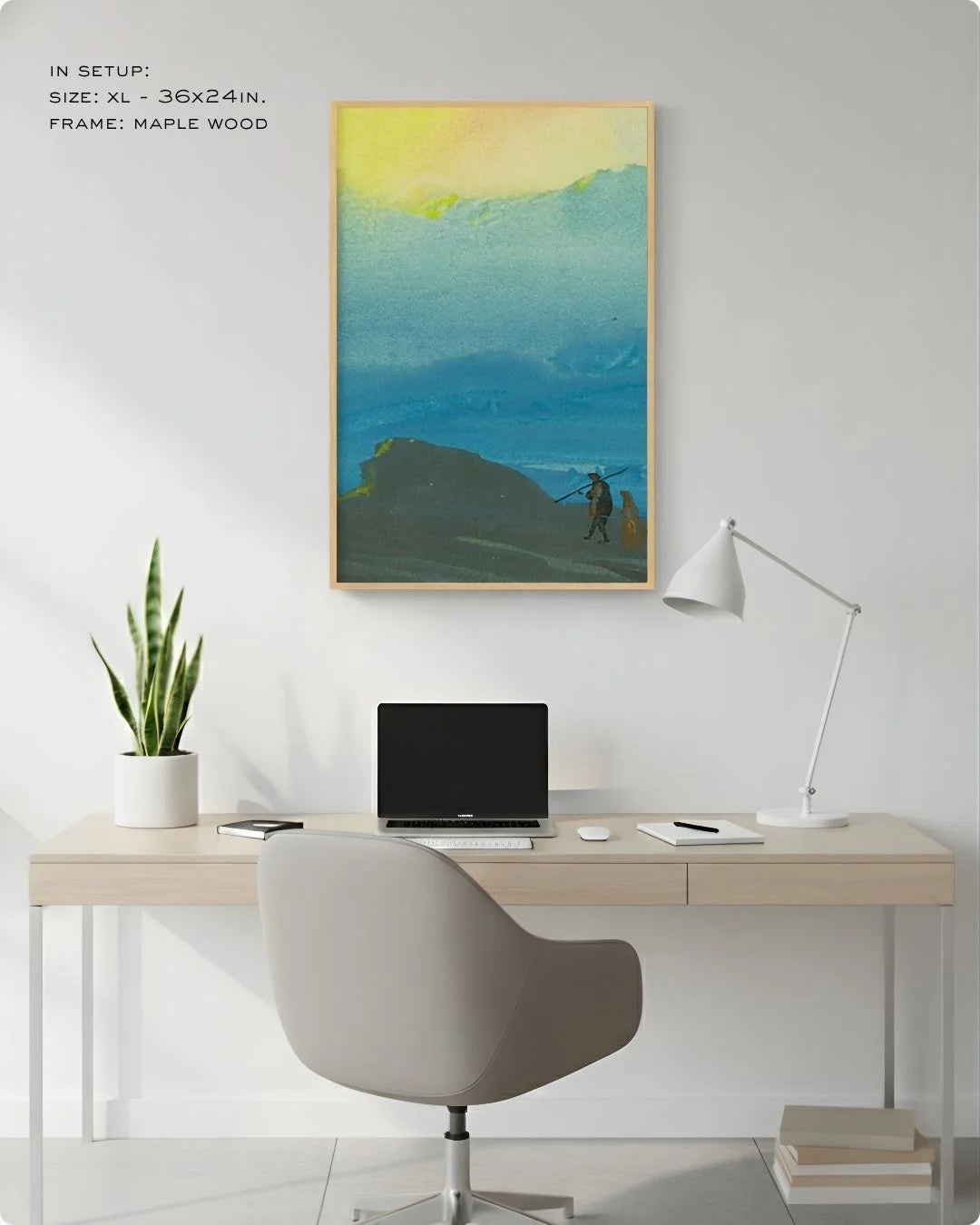 Large (Size L - 24x16in) Bireswar Das "The Mountains of Gold" in a Maple Wood frame, shown in a desk setup to demonstrate the impact of large-scale vibrant art.