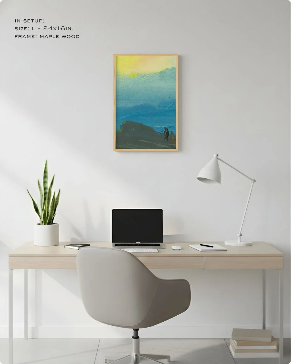 Medium (Size M - 18x12in) Bireswar Das "The Mountains of Gold" in a Maple Wood frame. Perfect scale for standard desk-side wall decor in a modern Japandi workspace.