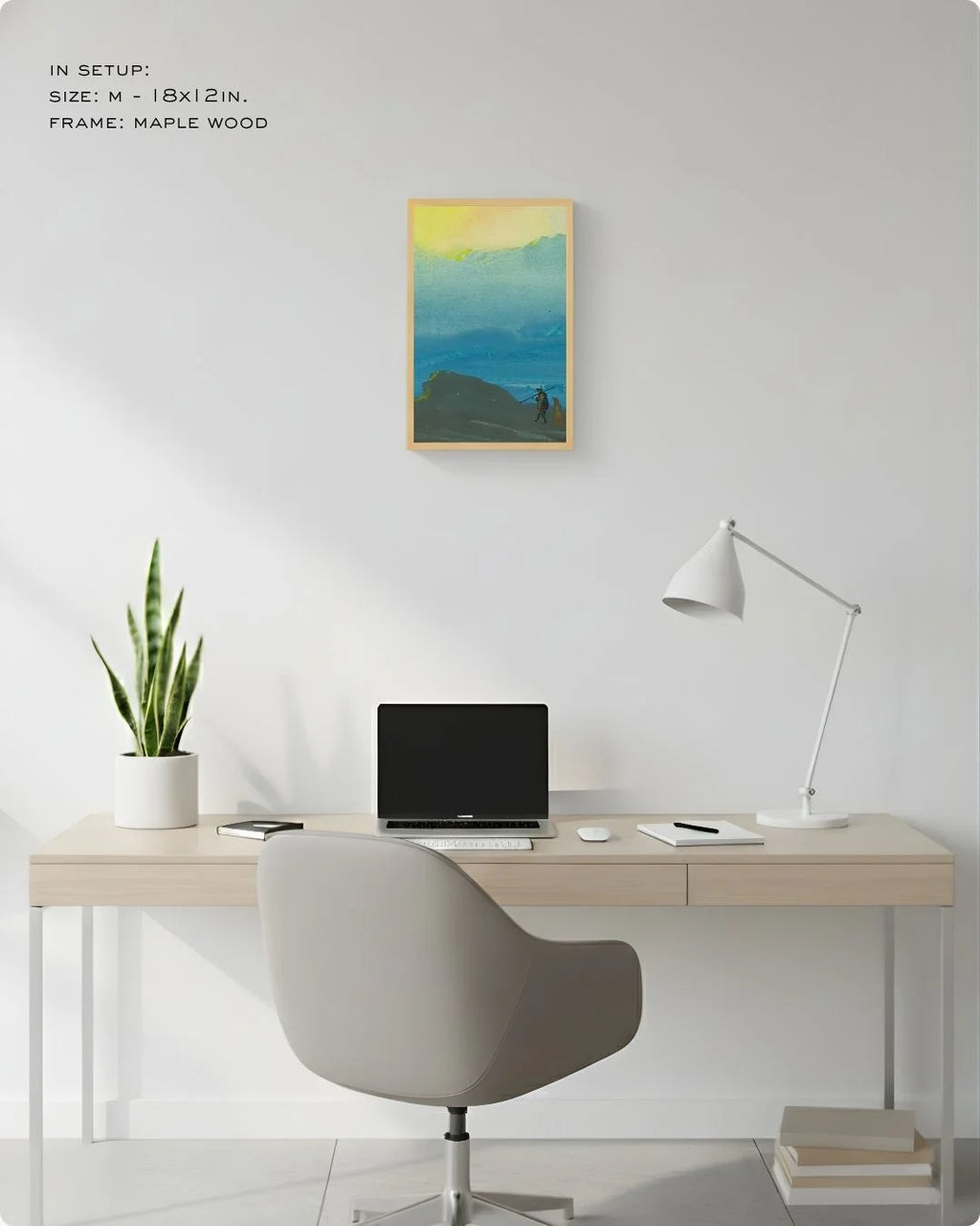 Small (Size S - 12x8in) Bireswar Das "The Mountains of Gold" in a Maple Wood frame. An ideal accent piece for smaller wall spaces or home office shelving.