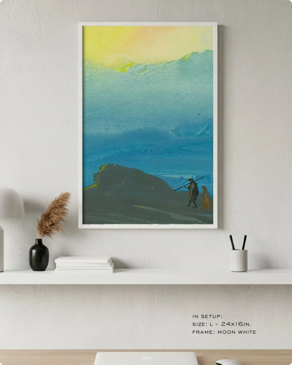 K2C Co. Bireswar Das "The Mountains of Gold" print in a Moon White frame. A vibrant, high-contrast study setup designed for "Modern Indian" home offices.
