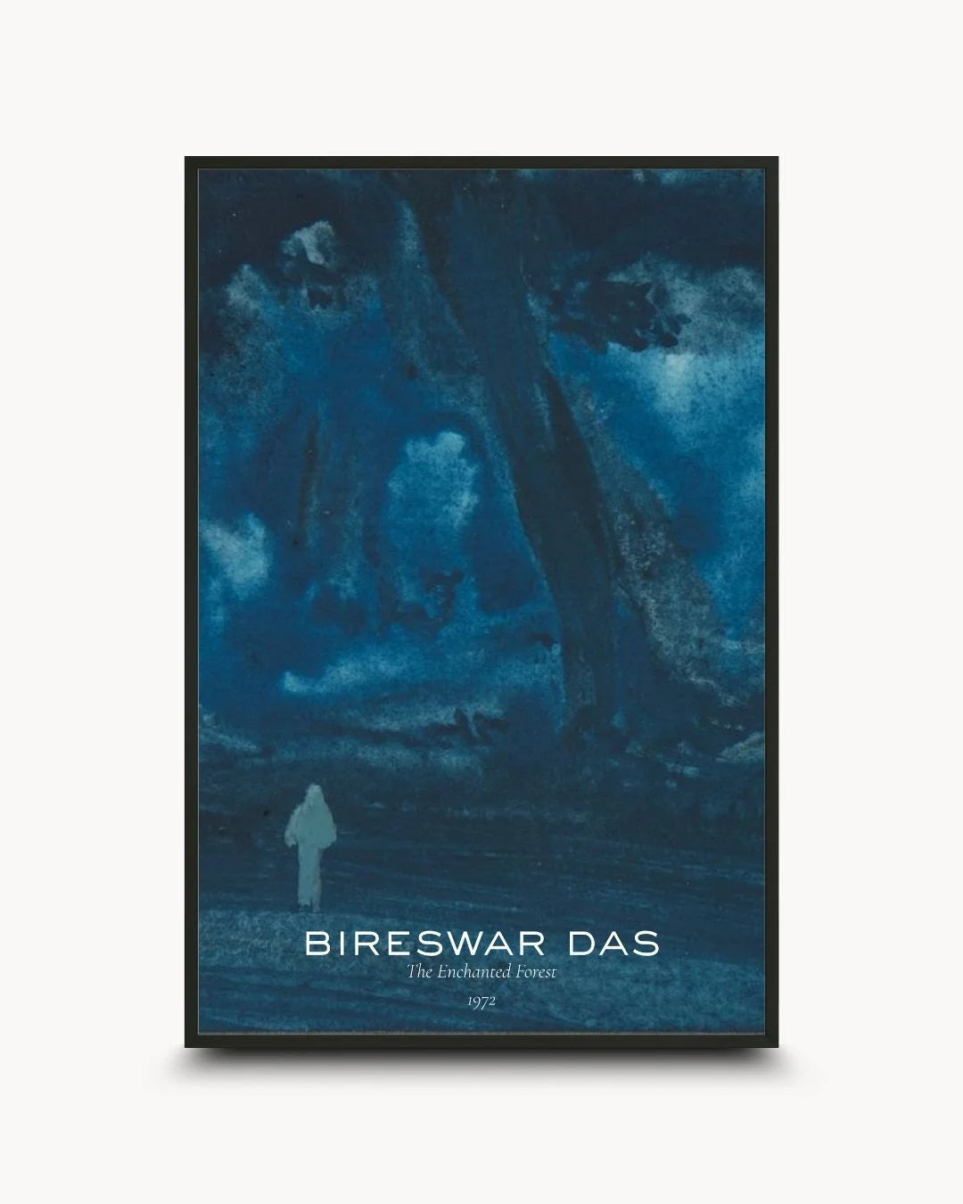 Bireswar Das "The Eternal Peaks" Himalayan landscape in a 0.5-inch Noir Black frame. Deep indigo mountain art for modern Indian minimalist living rooms.