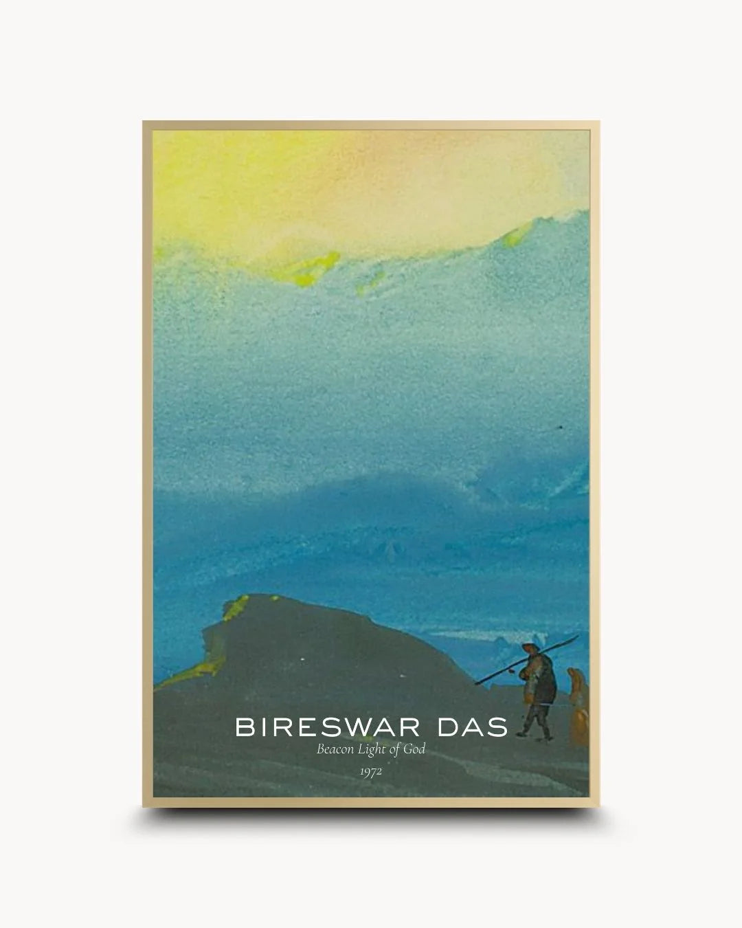 Luxury signed Bireswar Das "Mountains of Gold" art print in a Satin Gold frame. Features vibrant teal hues and elegant typography for high-end decor.