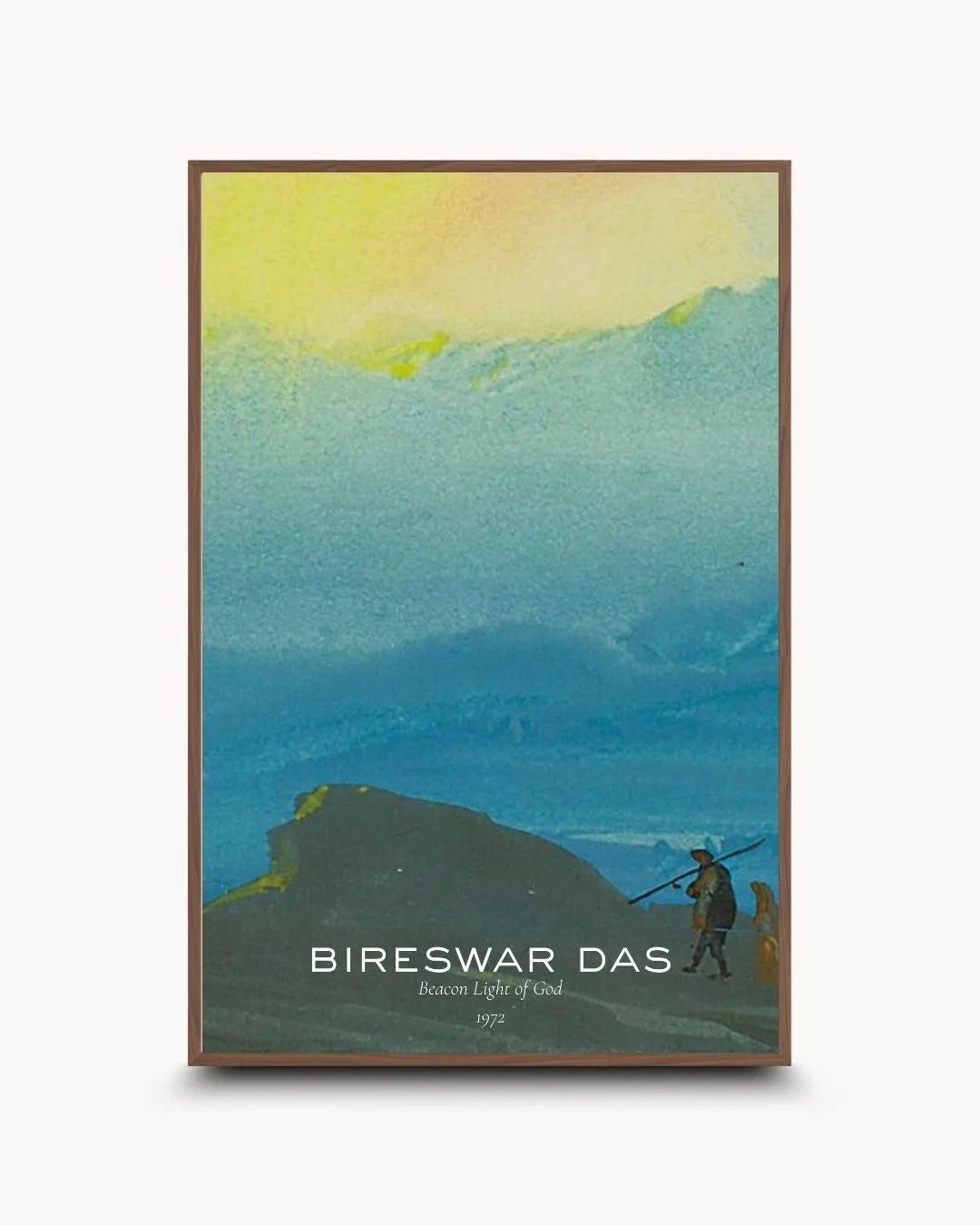 Signature Bireswar Das "Mountains of Gold" in a warm Walnut Wood frame. A timeless balance of heritage painting and modern architectural framing.