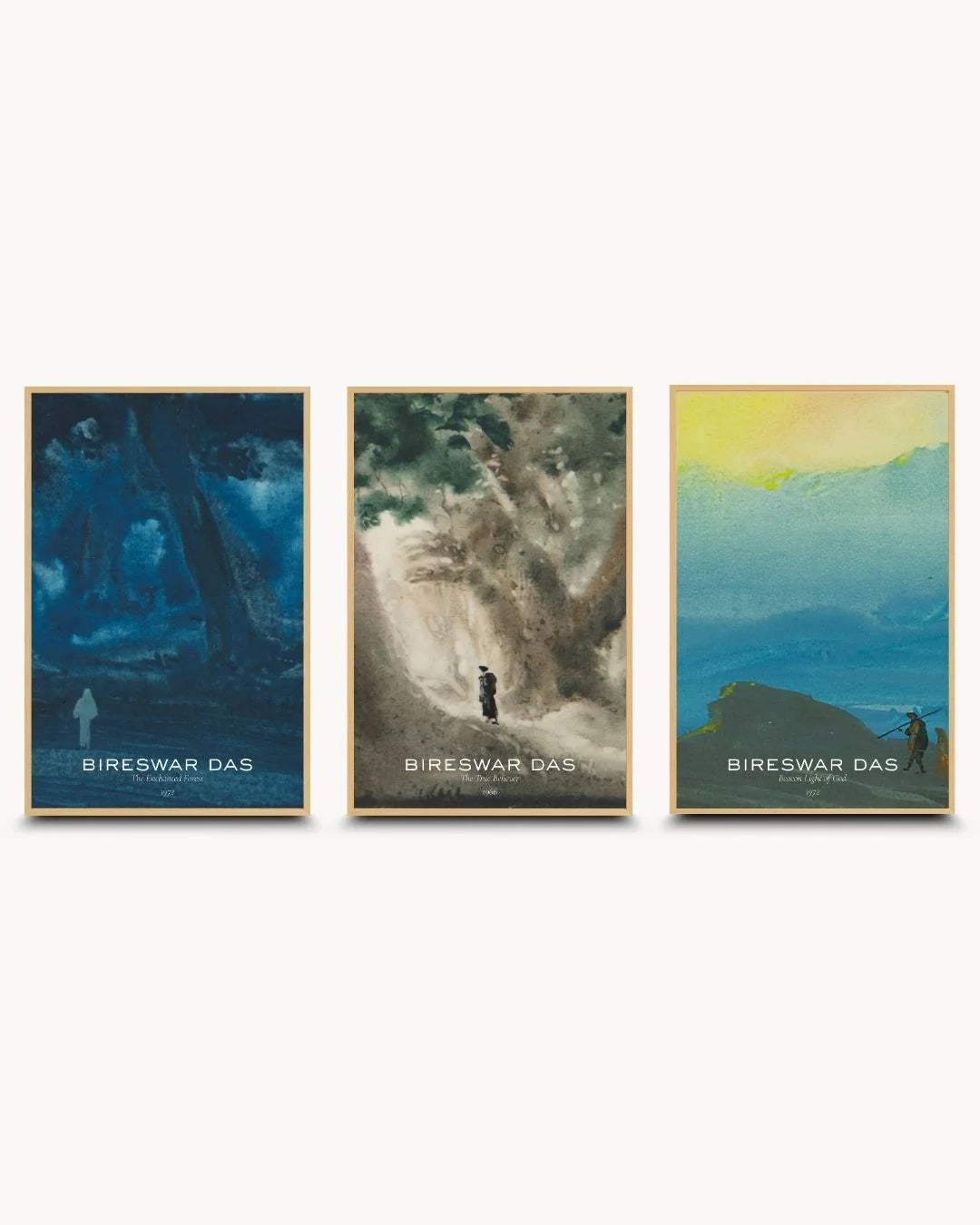Natural Maple Wood frames housing a signed 3-piece Bireswar Das collection. Organic modern art for "slow living" inspired living spaces and offices.