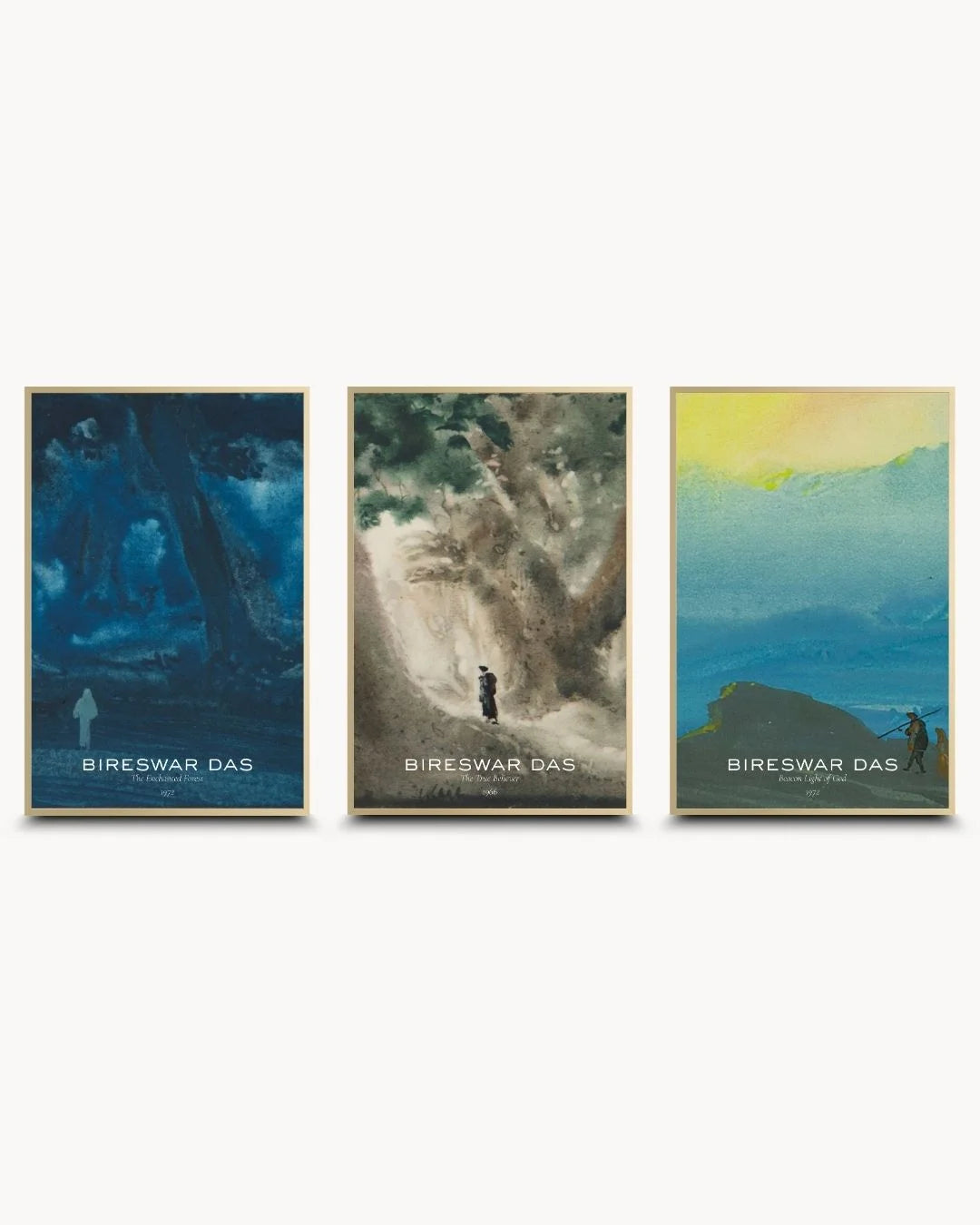 Luxury signed Bireswar Das 3-piece gallery set in Satin Gold frames. Features vibrant teal and indigo hues with elegant typography for high-end decor.