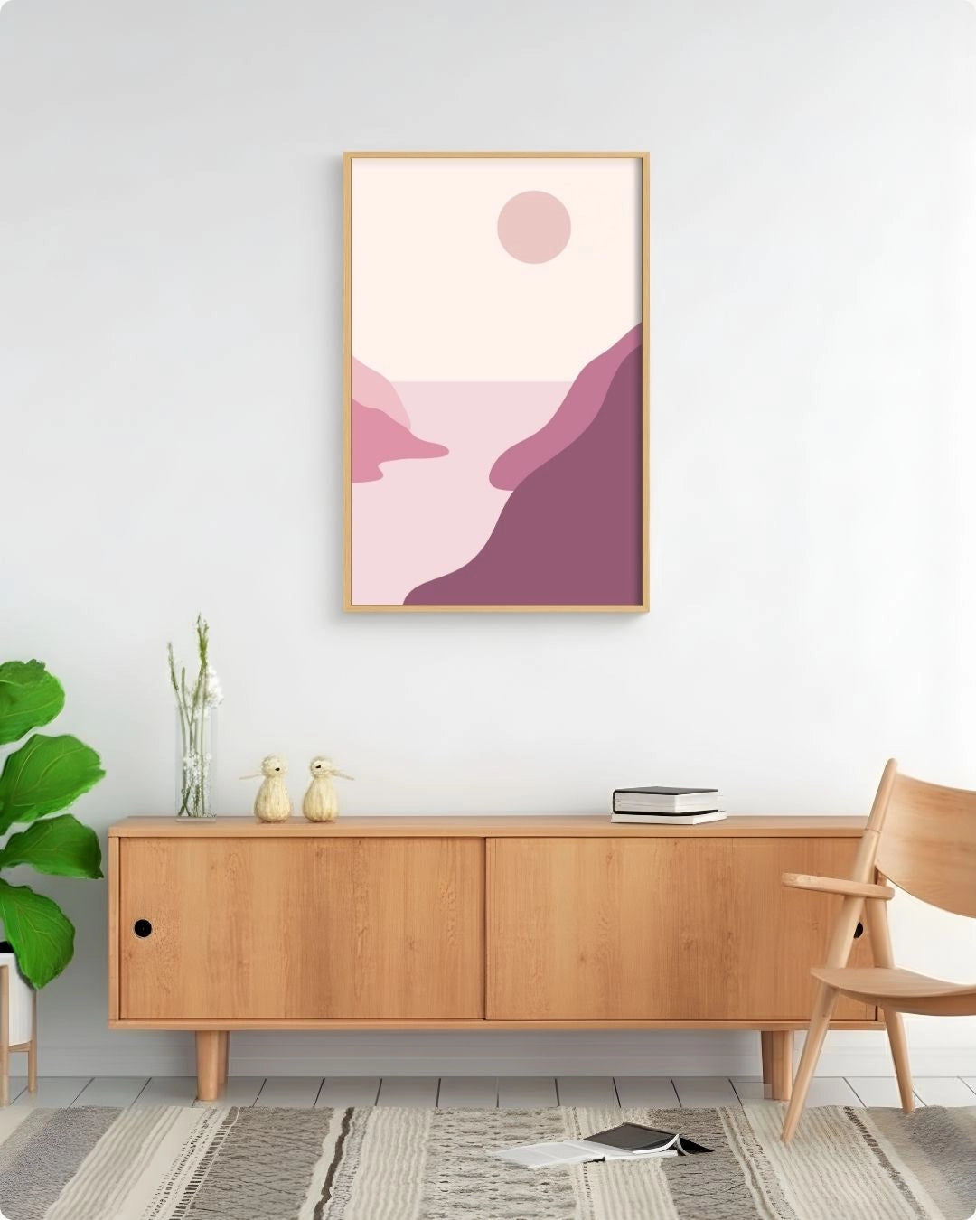 Minimalist Blush Valley abstract landscape art by K2C Co. in a Maple Wood frame, styled above a natural wood sideboard in a bright Japandi-style living room.