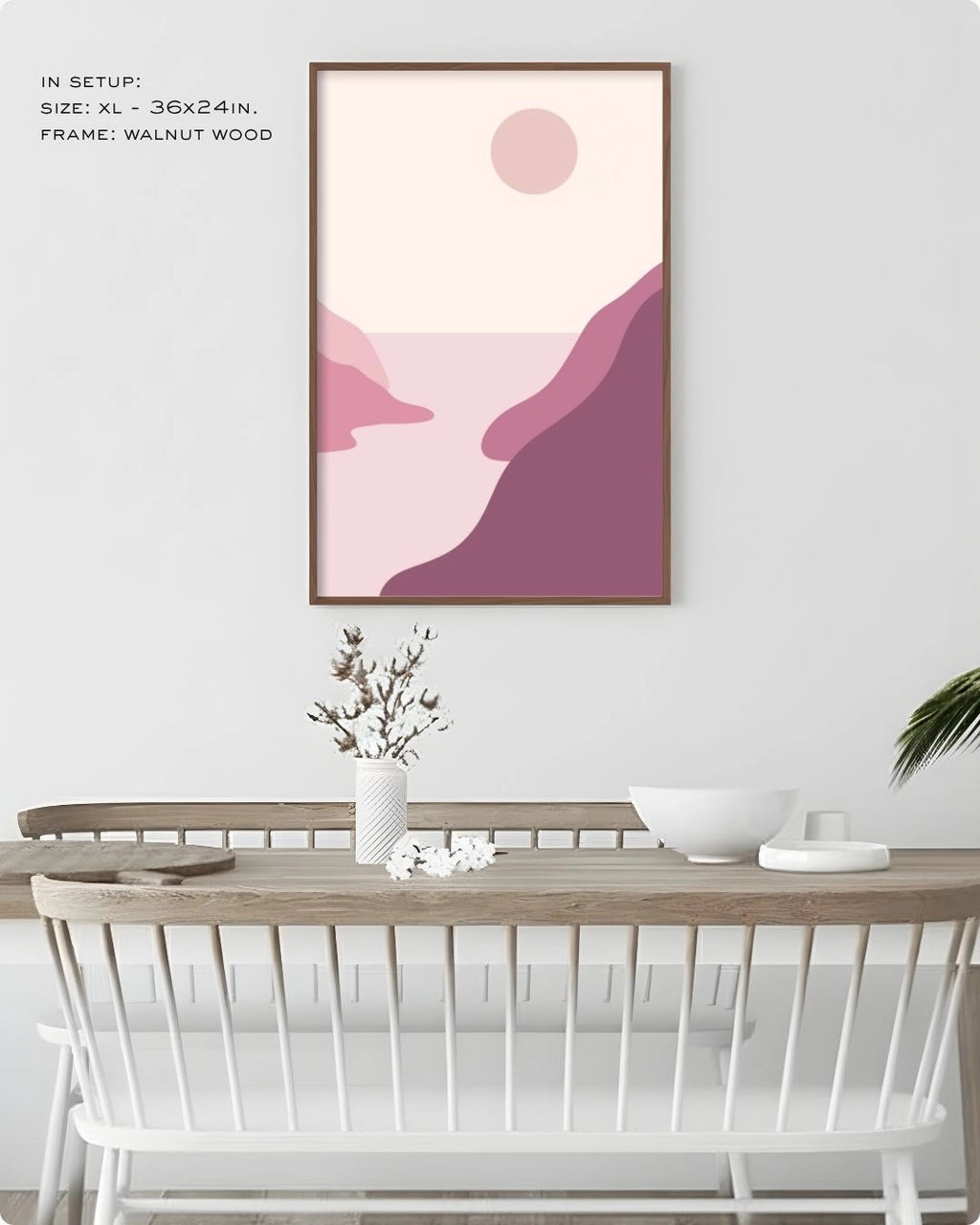 K2C Co. Blush Valley abstract landscape artwork in a Walnut Wood frame, displayed in a bright modern dining room setting with minimalist white furniture.