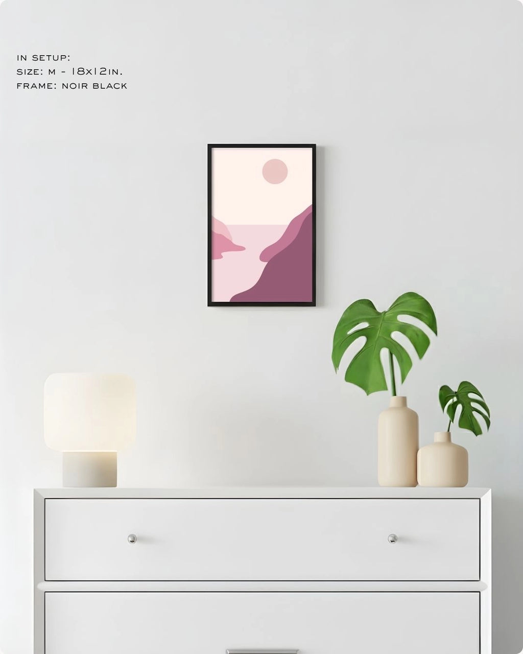Medium (Size M) Blush Valley abstract landscape art in a Noir Black frame by K2C Co., featured in a minimalist decor mockup to show relative print scale.